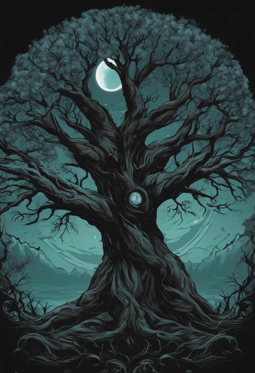 /imagine prompt: evil tree illustration for a sticker with a black background, in bold outline style, jagged edges, trashcore, light shading --v 5.2