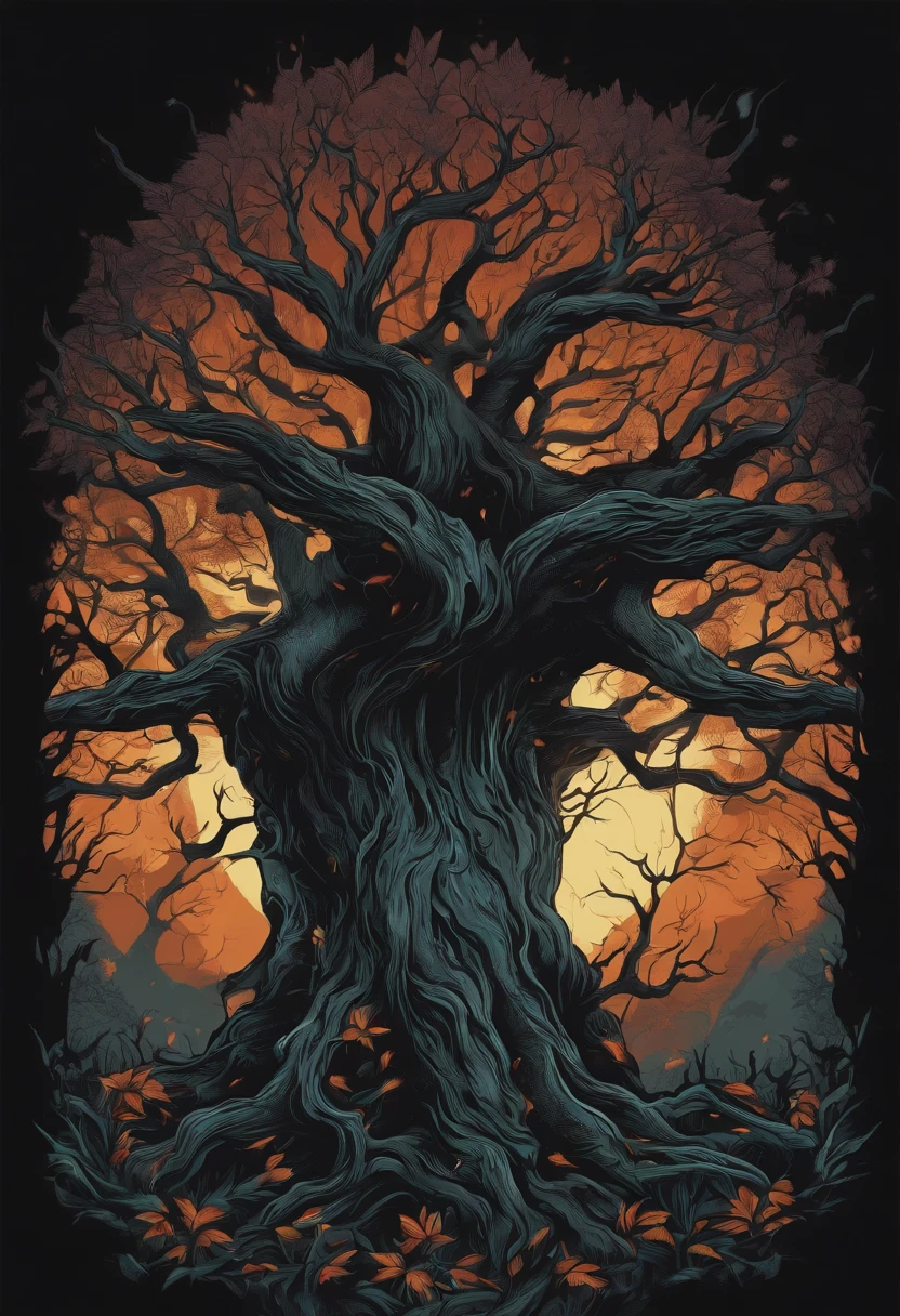 /imagine prompt: evil tree illustration for a sticker with a black background, in bold outline style, jagged edges, trashcore, light shading --v 5.2