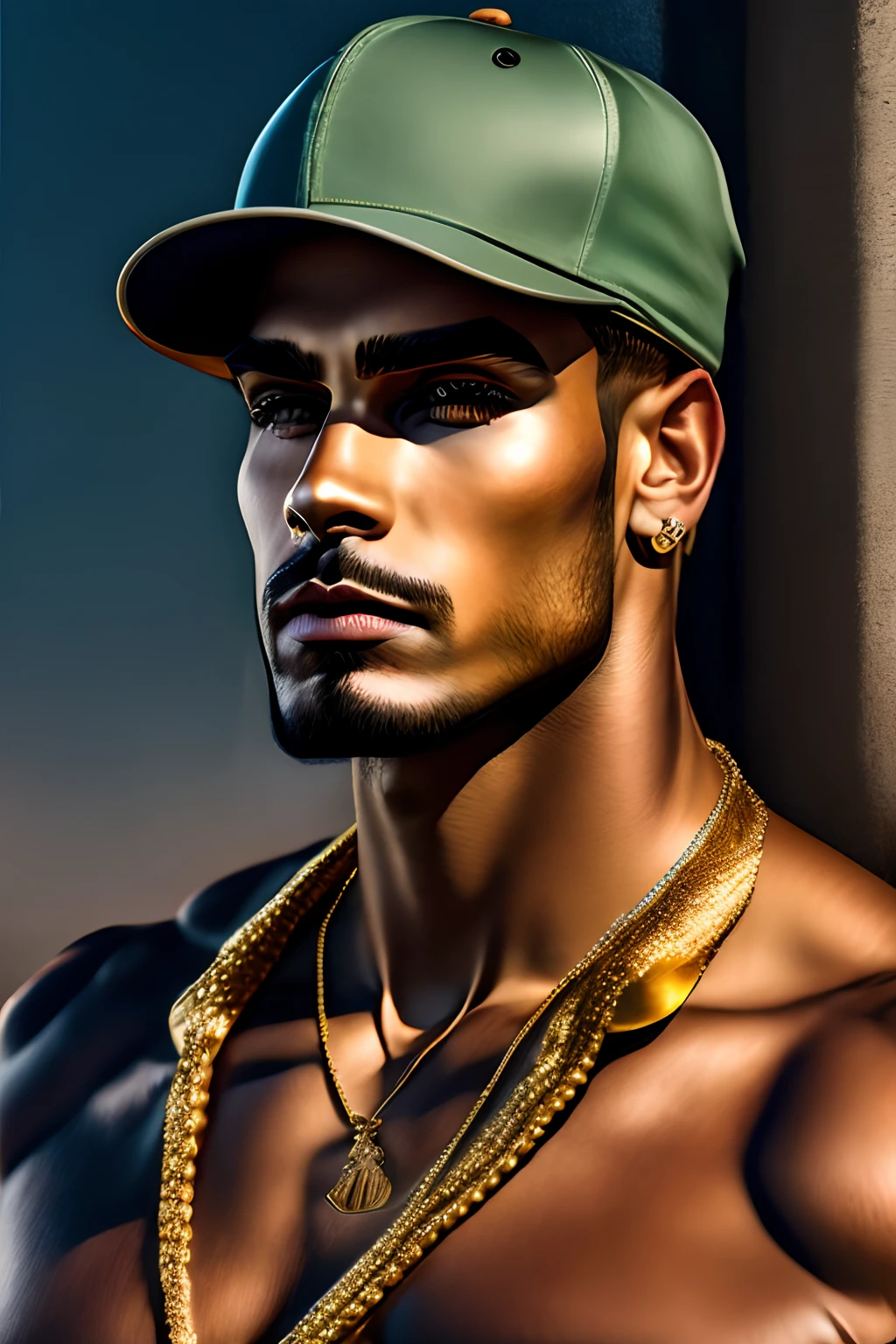 A rickk man wearing a cap and gold necklaces , yakuza, carro supersport laranja no fundo, realista, 8k, de alta qualidade