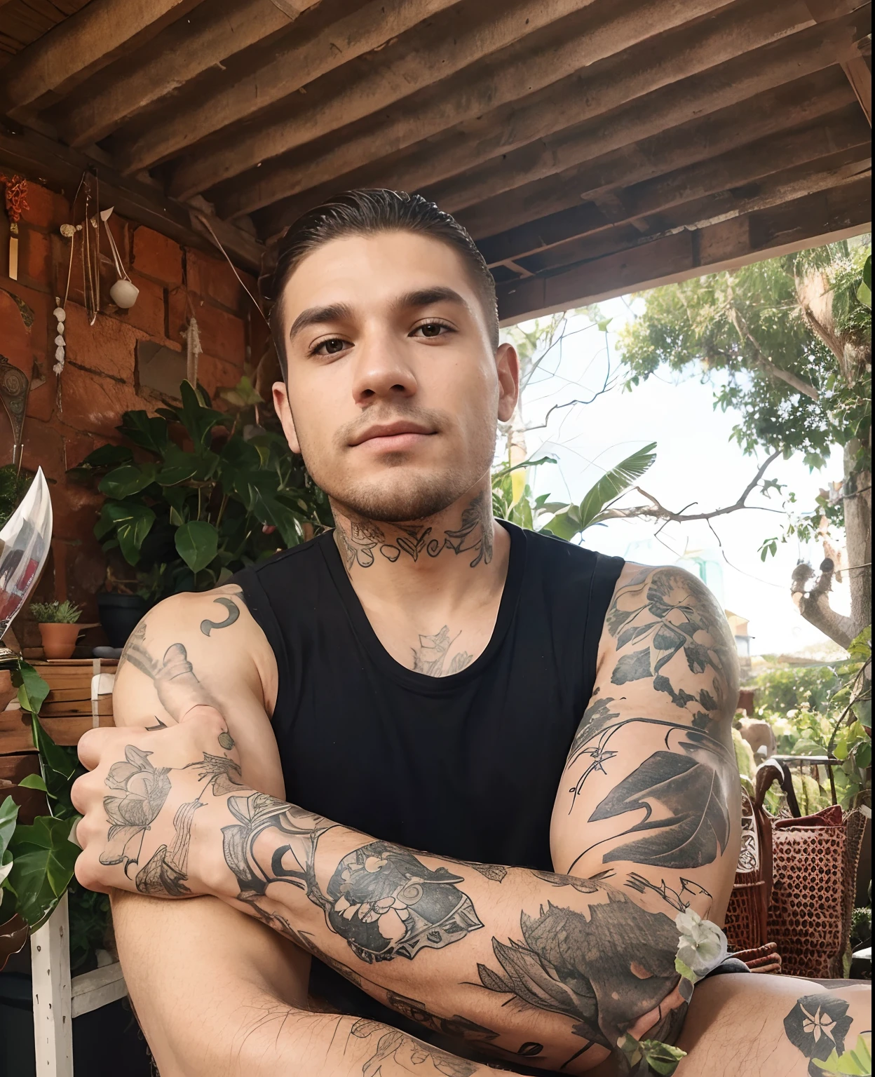Homem moreno com os cabelo branco, Tattooed skin sitting with arms crossed with a background of plants
