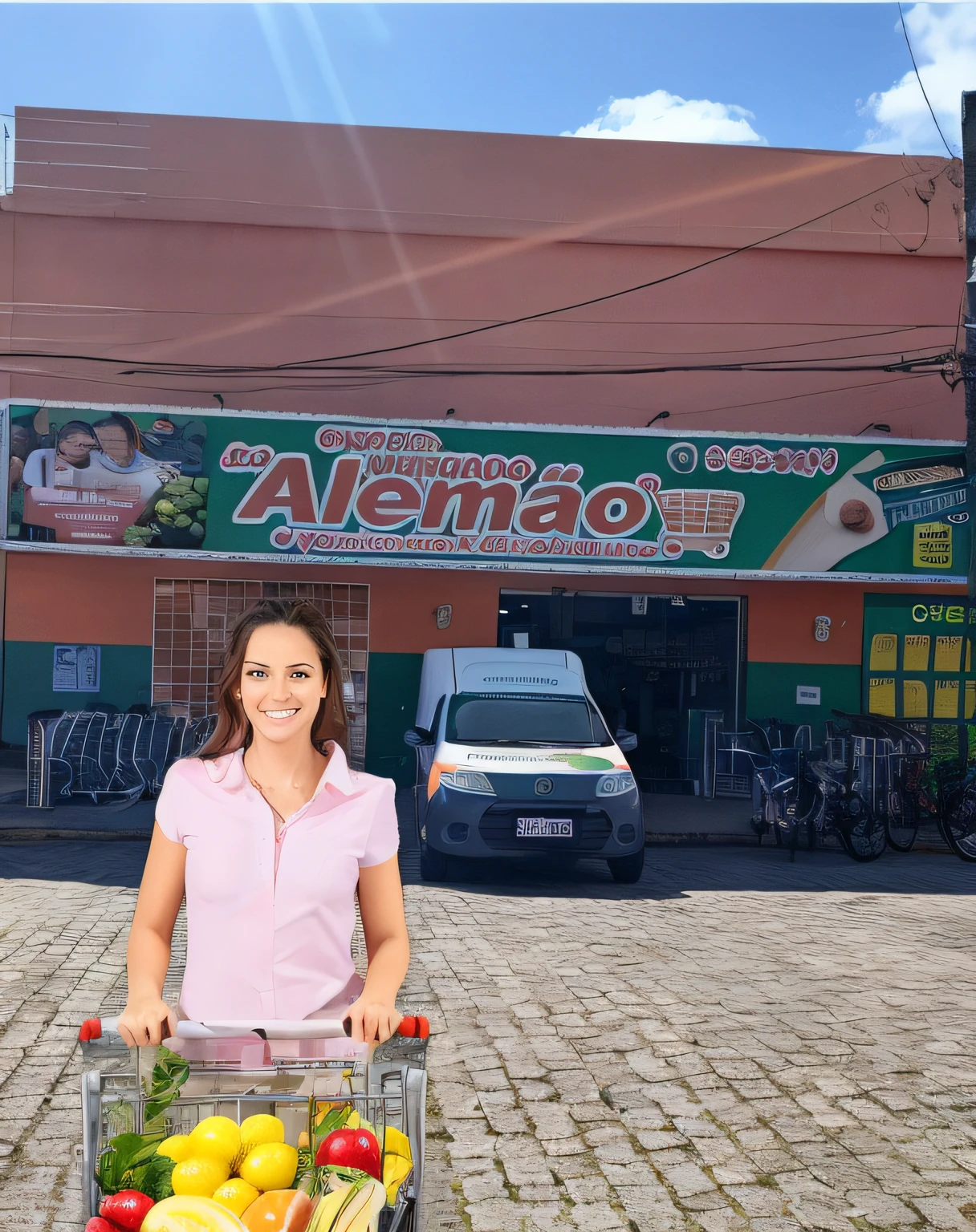 mulher segurando um carrinho de compras cheio de frutas e legumes, foto para uma loja, Foto realista, advertising photo