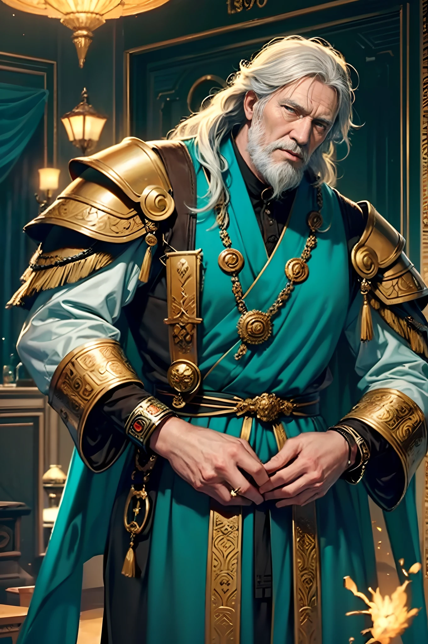 Describes one of the old kings of the ancient Roman Empire, Marcus Aurelius（Caesar XIV），Richard Harris（Richard Harris）（Richard Harris）play，A.D. 180， He was 85 years old，Classic Caesar armor draped in turquoise robes，Ornaments belonging to the king，Long messy silver hair，Delicate short beard，piercing eyes，Full of wisdom，He was surrounded by a lot of candles，I'm flipping through official documents，（He was a dictator all his life，He was a great philosopher，At the same time, He was also a fragile old man tired of war，）K's, High definition, Detailed face, Detailed eyes，Hyper-realistic, + cinema shot + Dynamic composition, Incredibly detailed, Sharpen, Cinematic, warm lights, Light effect, Dramaticlight, (Intricate details:1.1), the complex background, (greg rutkovsky:0.8), (Teal and orange:0.4），Correct anatomy，Tall, shapely body，
