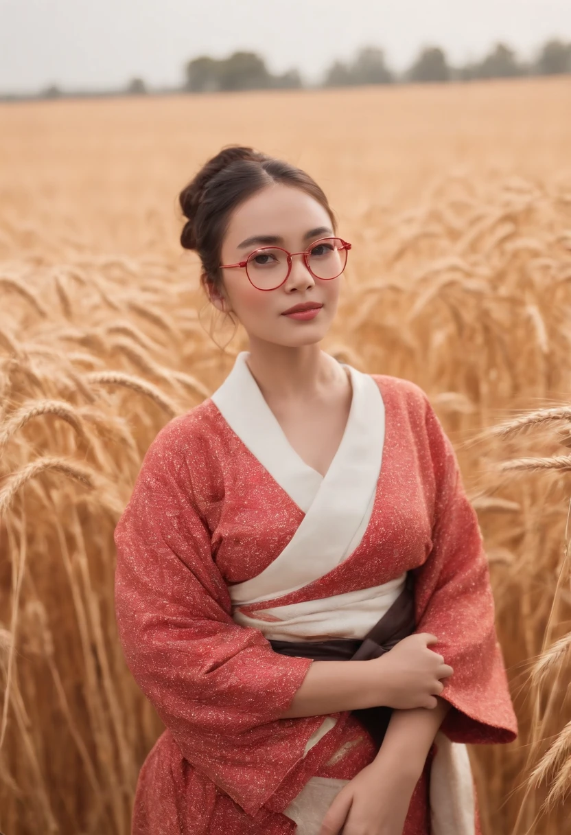 Um moreno, Wearing a red round glasses, Half chubby about 28 years old in a kimono with a look at is waist high in a wheat field, um quimono preto com bordas douradas, Her hair is short, almost bald, olhos pretos, The sunset is reflected in your eyes, a luz cai em seu rosto, Half side to camera