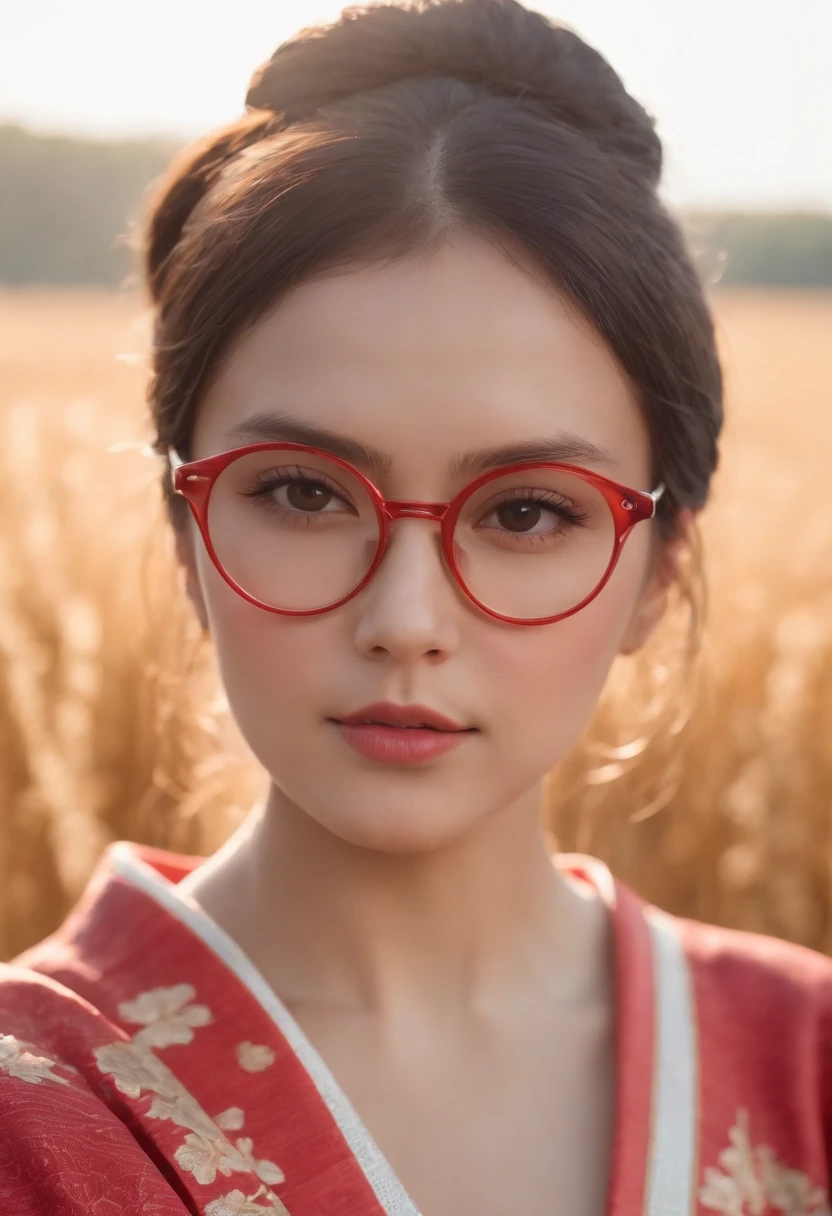 Um menino moreno, Wearing a red round glasses, Half chubby about 28 years old in a kimono with a look at is waist high in a wheat field, um quimono preto com bordas douradas, Her hair is short, almost bald, olhos pretos, The sunset is reflected in your eyes, a luz cai em seu rosto, Half side to camera