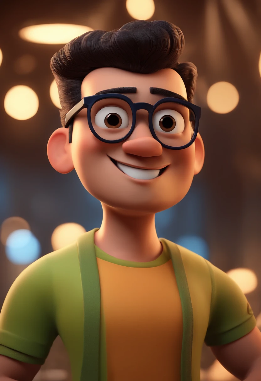 Cartoon character of a man with black glasses and a blue shirt, animation character, Caractere estilizado, animation style rendering, 3D estilizado, Arnold Maya render, 3 d render stylized, toon render keyshot, Personagem 3D, Personagem 3D, 3d rendering stylized, 3 d character render, personagem de desenho animado, Personagem de close up, Pose de personagem,  (Estilo Pixar) (master part:1.2) (Bokeh) (best quality) (pele detalhada) (textura detalhada) (8k) (argila) (Cinematic lighting) (foco nítido
