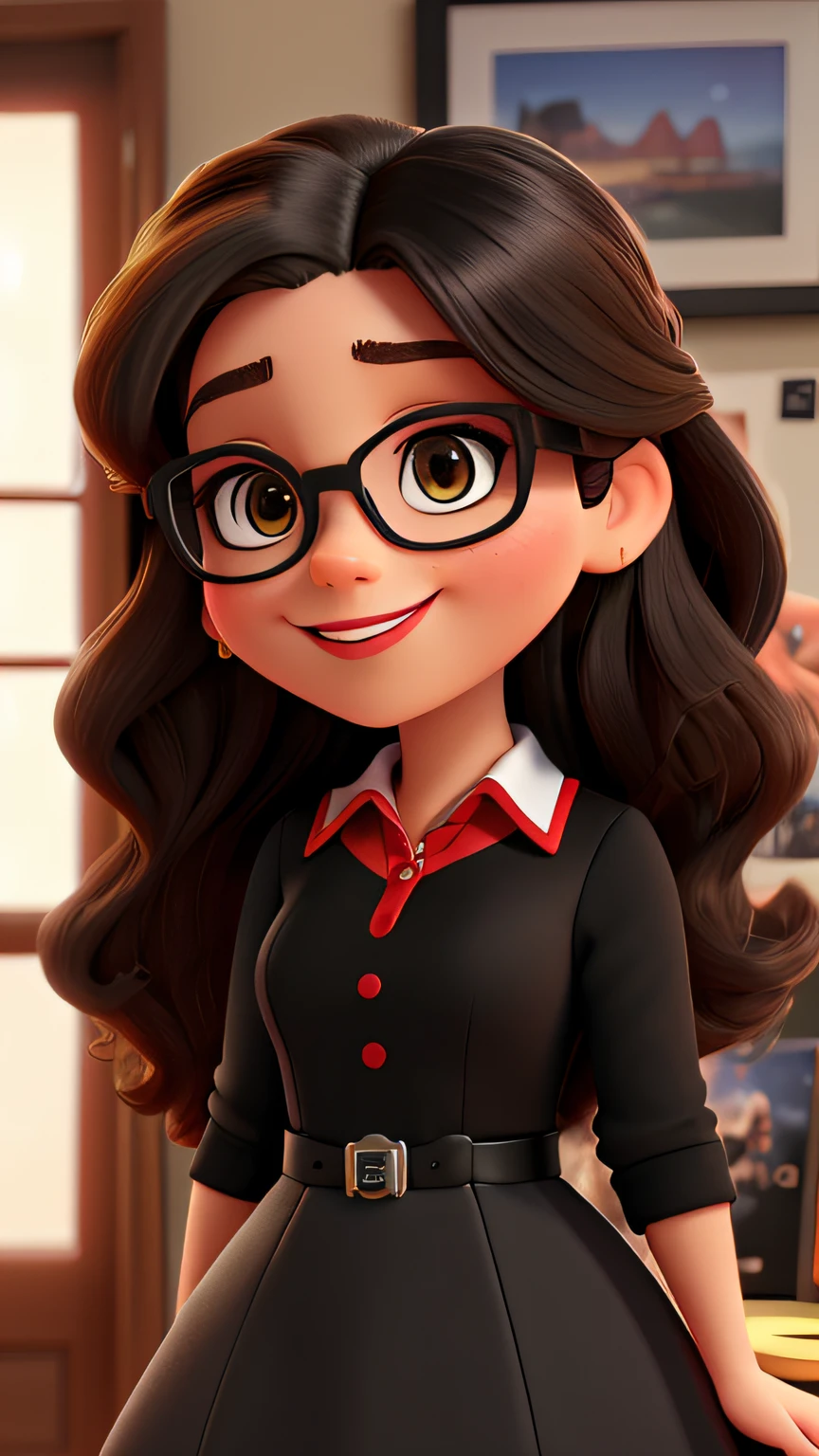 AW, analog, Nikon Z 14mm ultra wide-angle lens, award-winning glamor photography, high-res, detailed facial features, disney pixer style, girl, 33 years old, looks like Rachel Zane, solo, she is wearing a black dress, face smiling, long hair, black eyes, thick lips, with red glasses, red lipstick