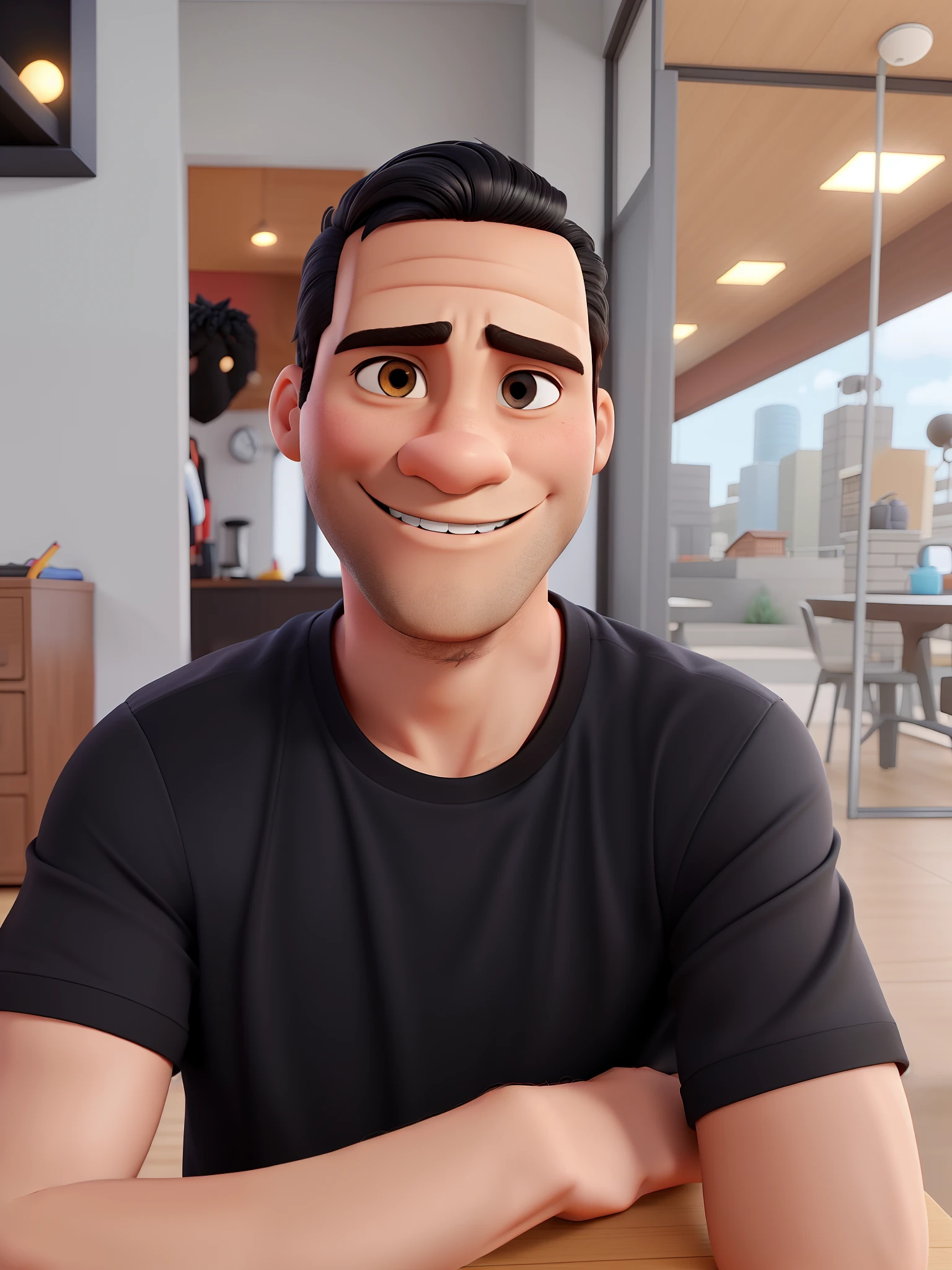 Um homem cabelo preto olhos pretos camisa preta sorrindo, estilo disney pixar,melhor qualidade, alta qualidade