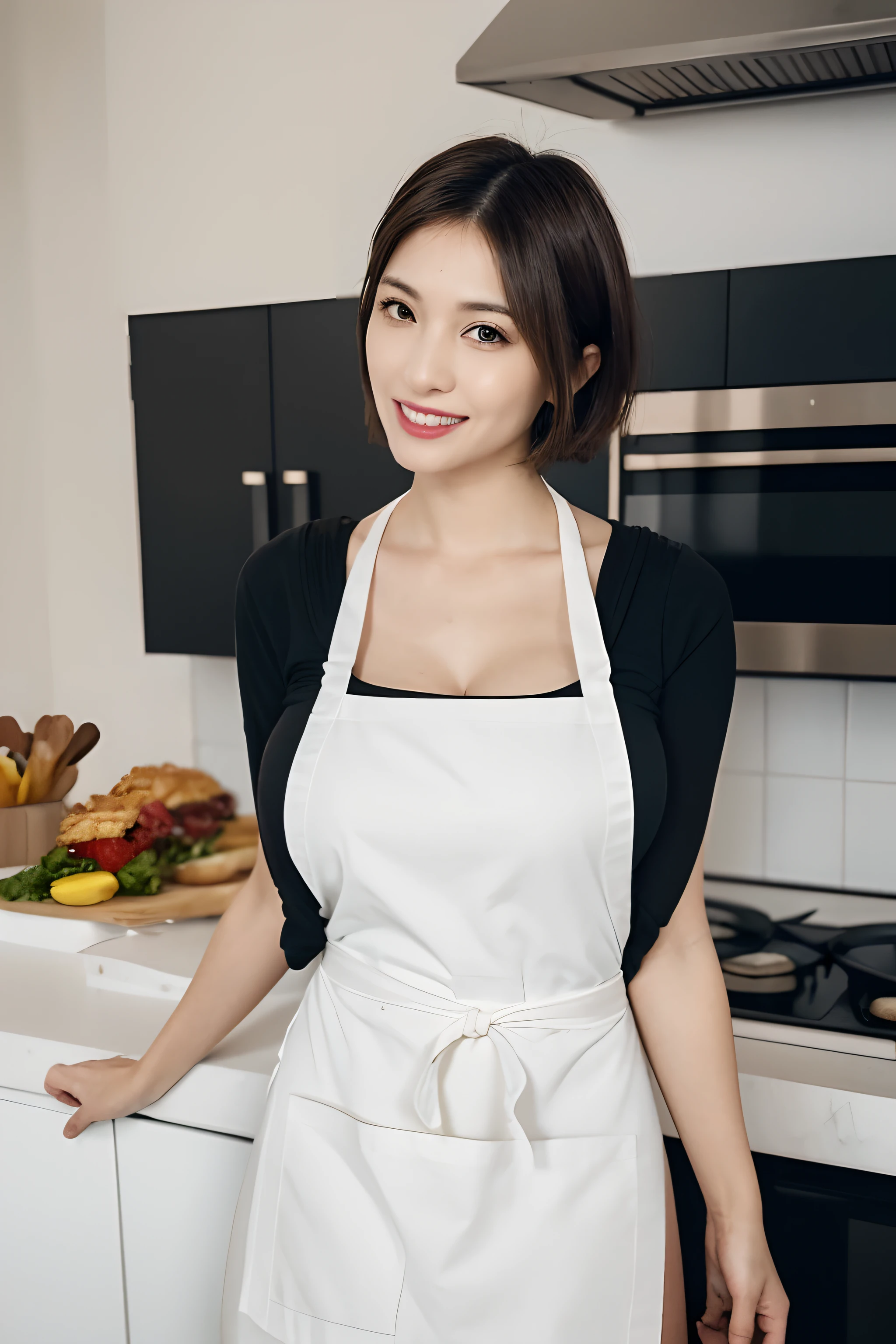 40 year old woman, Beautiful expression, A detailed eye, 二重まぶた, Detailed lips, lightsmile, (((Huge breasts))), (((White breastplate apron))), Short brunette hair, thighs thighs thighs thighs, Standing, (Photorealsitic:1.4), (Top image quality:1.0), (超A high resolution:1.0), 8K, Raw photography, (masterpiece), Background with; ((There is a lot of food in the kitchen))