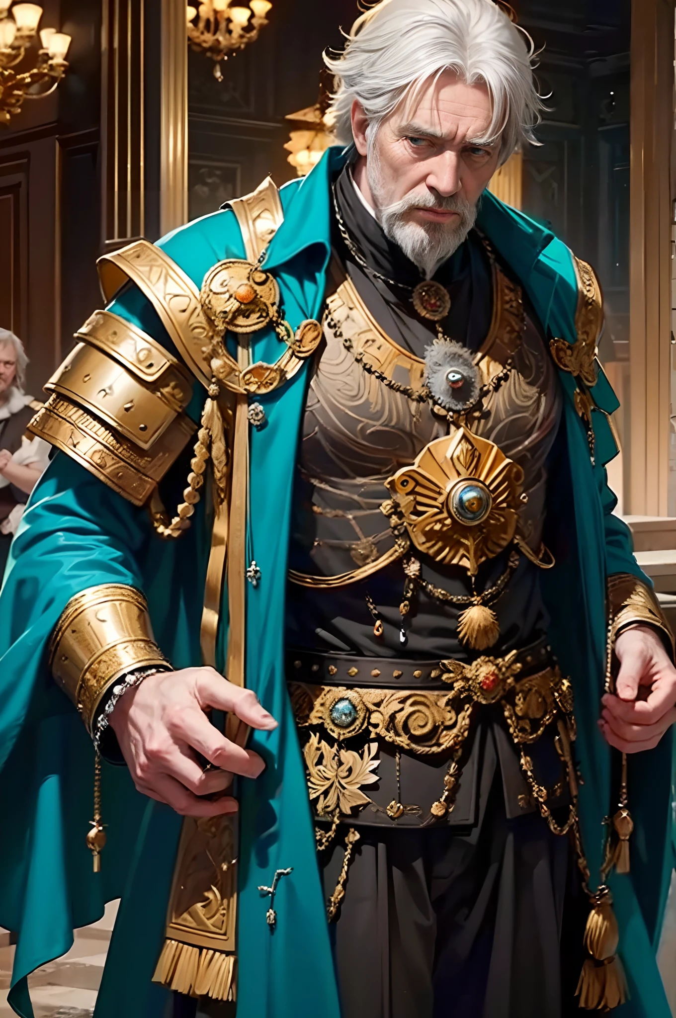 Describes one of the old kings of the ancient Roman Empire, Marcus Aurelius（Caesar XIV），Richard Harris（Richard Harris）（Richard Harris）play，A.D. 180， He was 85 years old，Classic Caesar armor draped in turquoise robes，Ornaments belonging to the king，Long messy silver hair，Delicate short beard，piercing eyes，Full of wisdom，He was surrounded by a lot of candles，I'm flipping through official documents，（He was a dictator all his life，He was a great philosopher，At the same time, He was also a fragile old man tired of war，）K's, High definition, Detailed face, Detailed eyes，Hyper-realistic, + cinema shot + Dynamic composition, Incredibly detailed, Sharpen, Cinematic, warm lights, Light effect, Dramaticlight, (Intricate details:1.1), the complex background, (greg rutkovsky:0.8), (Teal and orange:0.4），Correct anatomy，Tall, shapely body，