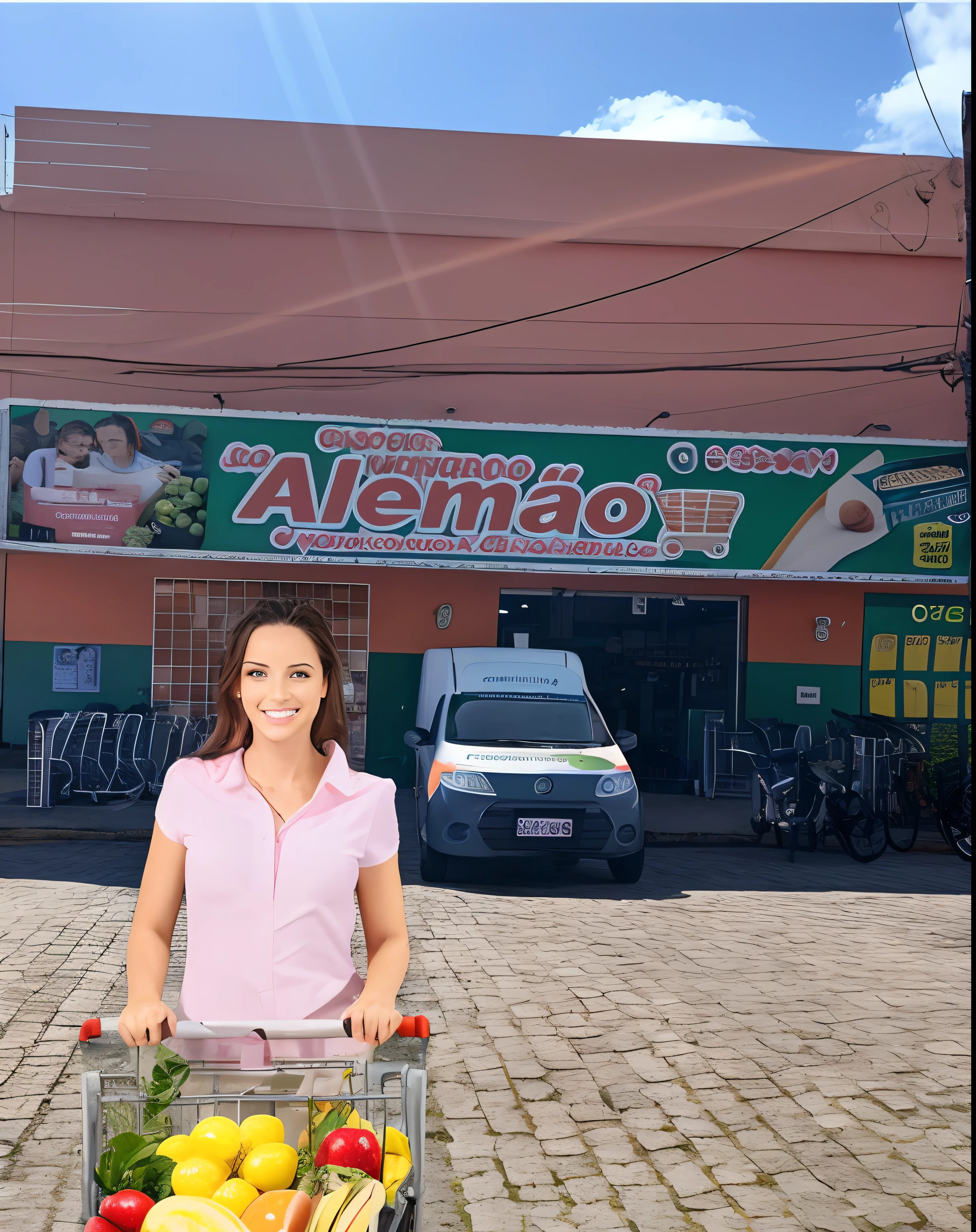 mulher segurando um carrinho de compras cheio de frutas e legumes, foto para uma loja, Foto realista, advertising photo