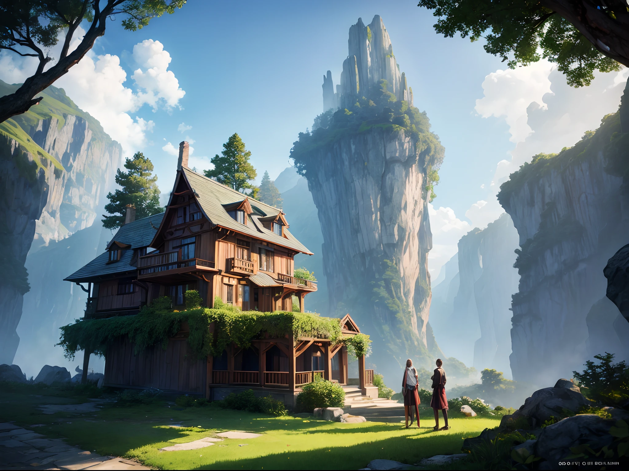 a house that was grown from a tree in the mountains in the architectural style of (Albert Frey). The tree's roots and branches were trained to create the walls of the structure. Large rock wall. The branches are lush and green. Overflowing with leaves and branches. Epic digital art of futuristic a building surrounded by mossy rocks and cliffs, large windows, trending in artstation, octane render, HDR,