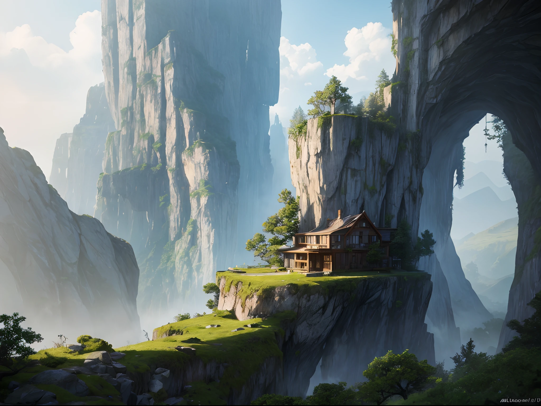 a house that was grown from a tree in the mountains in the architectural style of (Albert Frey). The tree's roots and branches were trained to create the walls of the structure. Large rock wall. The branches are lush and green. Overflowing with leaves and branches. Epic digital art of futuristic a building surrounded by mossy rocks and cliffs, large windows, trending in artstation, octane render, HDR,