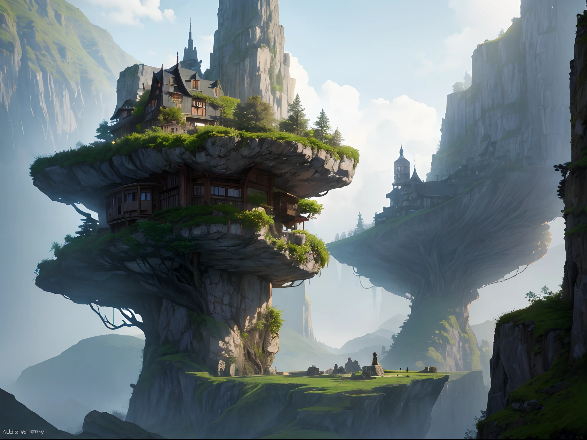 a house that was grown from a tree in the mountains in the architectural style of (Albert Frey). The tree's roots and branches were trained to create the walls of the structure. Large rock wall. The branches are lush and green. Overflowing with leaves and branches. Epic digital art of futuristic a building surrounded by mossy rocks and cliffs, large windows, trending in artstation, octane render, HDR,