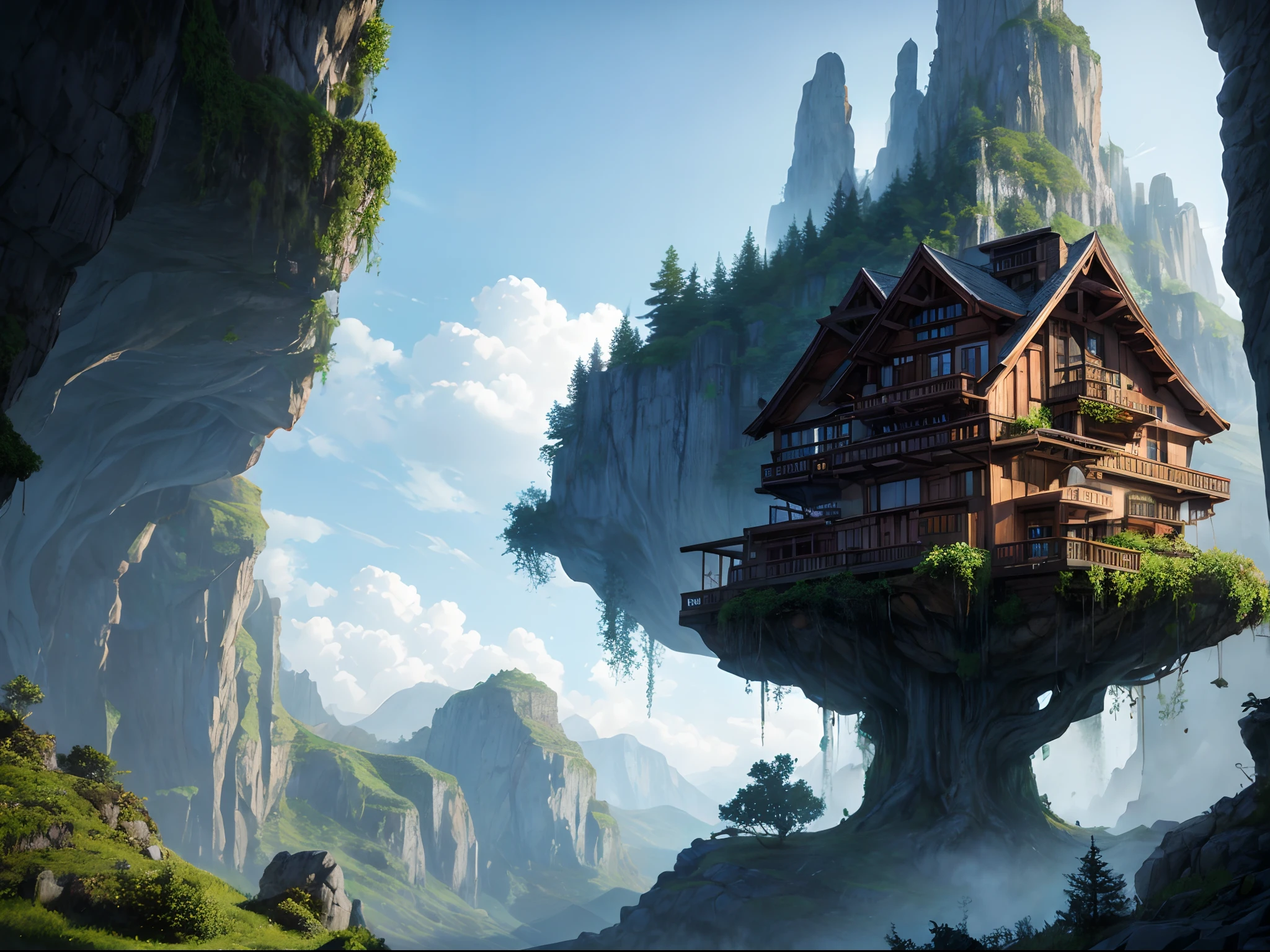 a house that was grown from a tree in the mountains in the architectural style of (Albert Frey). The tree's roots and branches were trained to create the walls of the structure. Large rock wall. The branches are lush and green. Overflowing with leaves and branches. Epic digital art of futuristic a building surrounded by mossy rocks and cliffs, large windows, trending in artstation, octane render, HDR,