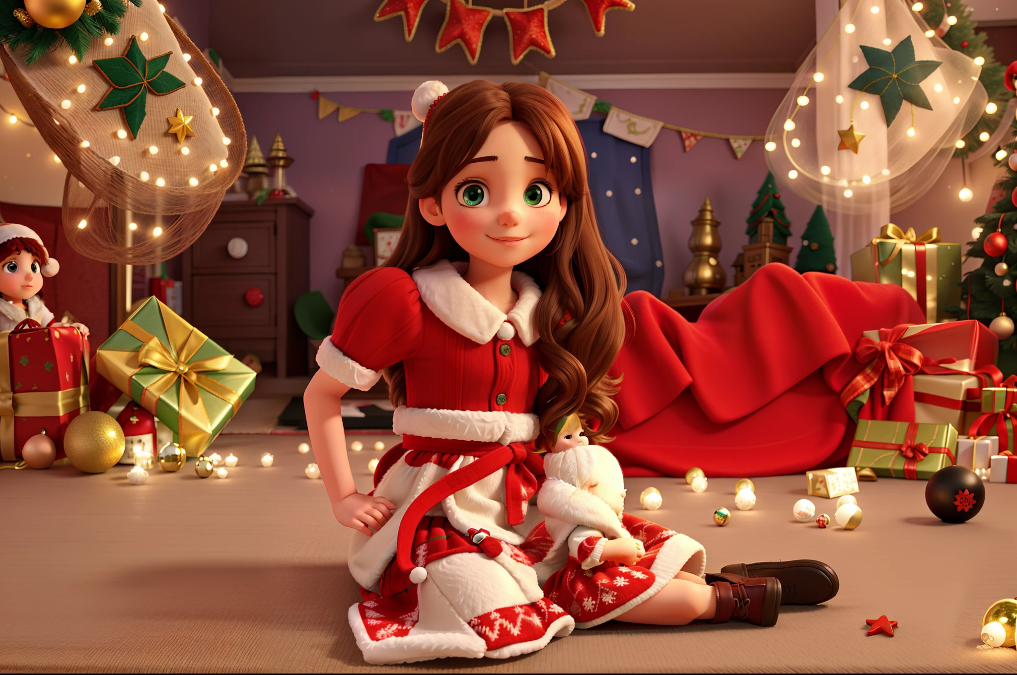 Girl sitting on the carpet of a room with christmas decoration