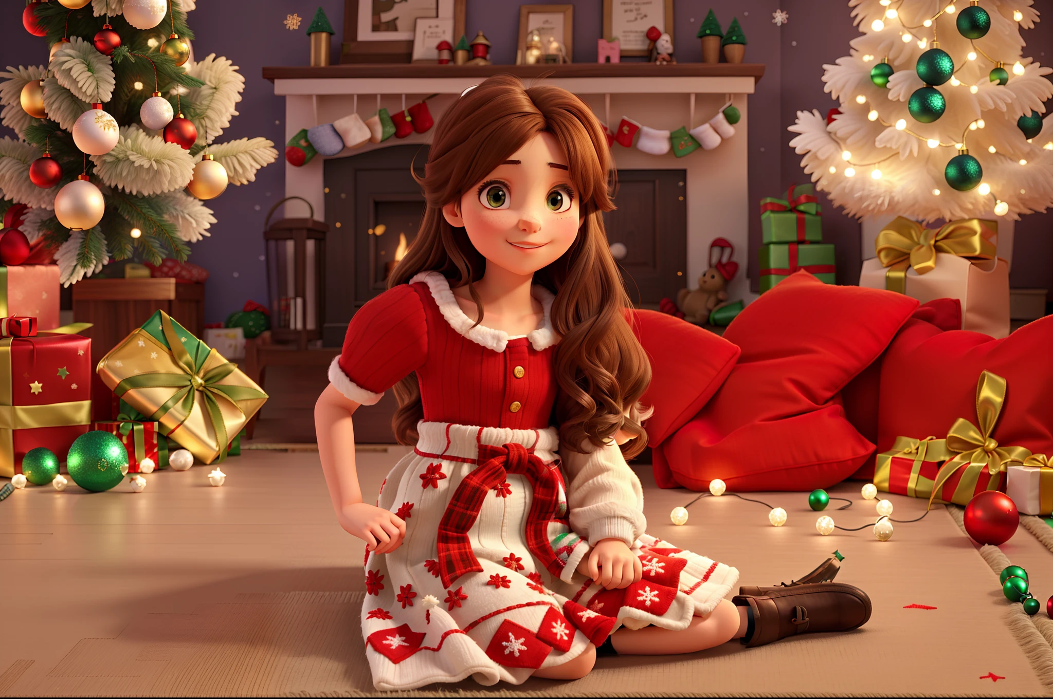 Girl sitting on the carpet of a room with christmas decoration