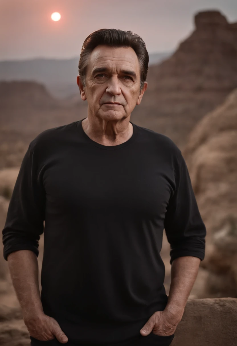Johnny Cash, wearing a black t-shirt, short sleeve, stands in front of a graphitti art enviroment. His hands are casually tucked into his pockets as he stares directly into the camera, his intense gaze capturing the attention of all who see it. The red light adds a haunting quality to the scene, making it truly unforgettable.