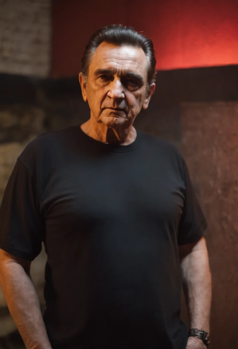 Johnny Cash, wearing a black t-shirt, short sleeve, stands in front of a graphitti art enviroment. His hands are casually tucked into his pockets as he stares directly into the camera, his intense gaze capturing the attention of all who see it. The red light adds a haunting quality to the scene, making it truly unforgettable.