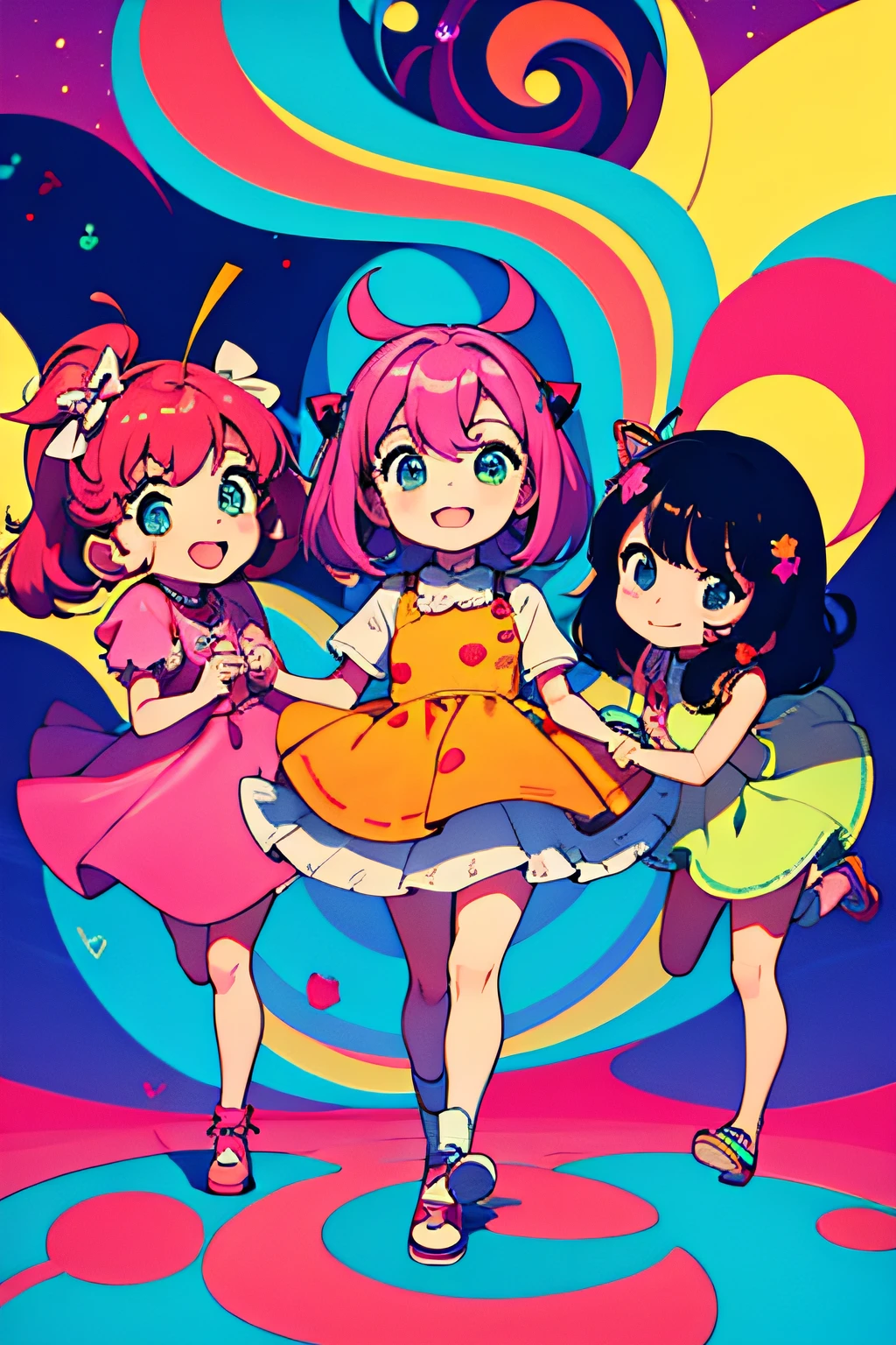 3girls, colores vibrantes, candyland