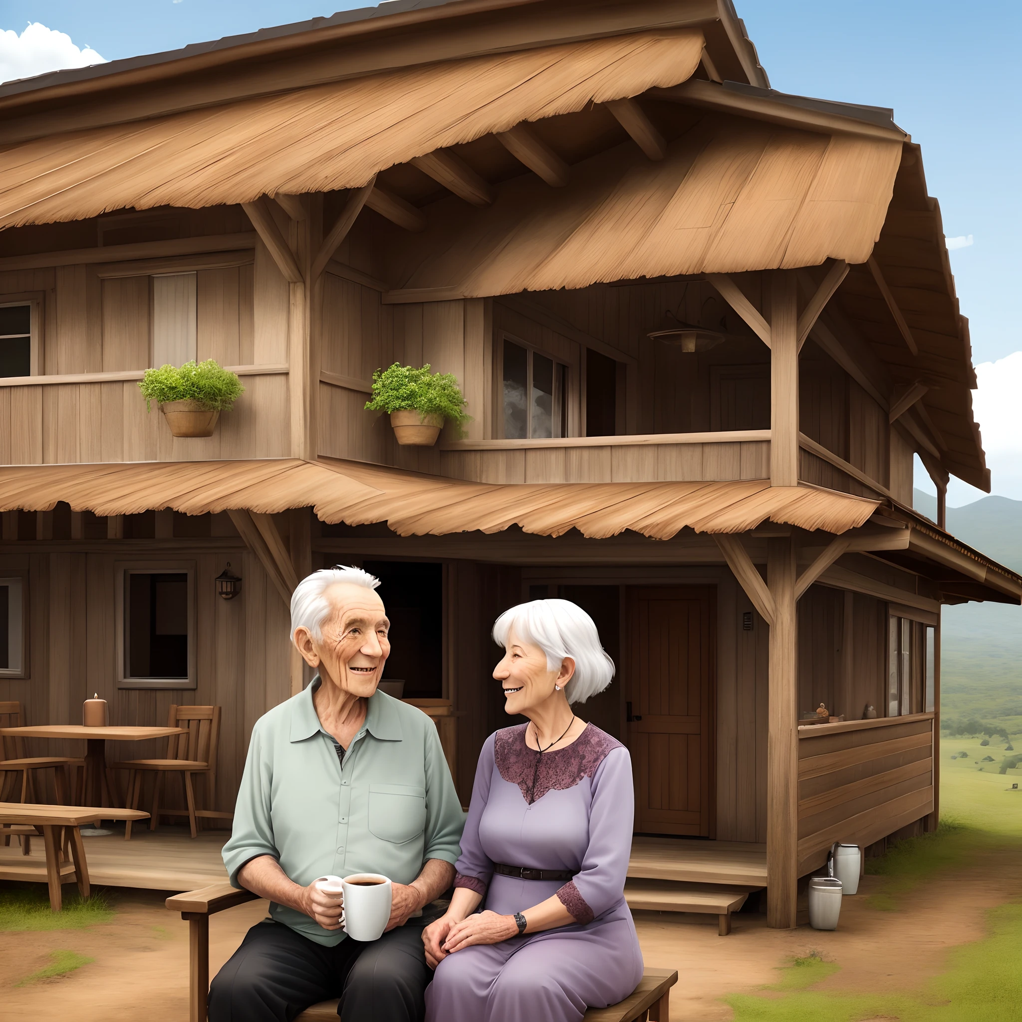 Create a rustic house in the hinterland of the cerrado with an elderly couple sitting having a coffee
