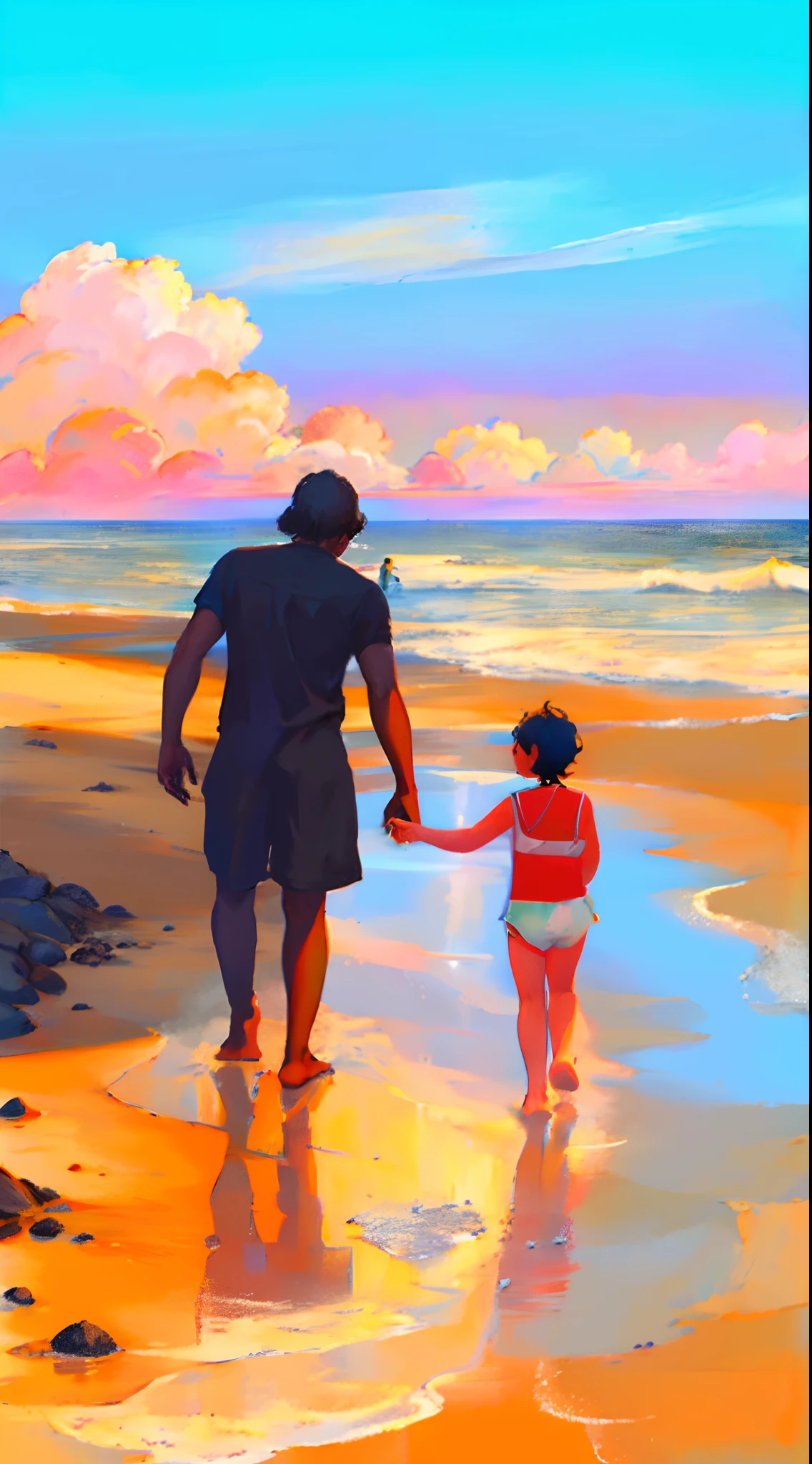 there is a man and a child walking on the beach, na praia, Caminhando na praia, em uma praia, standing at the beach, na praia, no mar, on the ocean water, foto de praia, ao lado do oceano, no mar, Olhando para o oceano, O oceano ao fundo, no oceano, no oceano