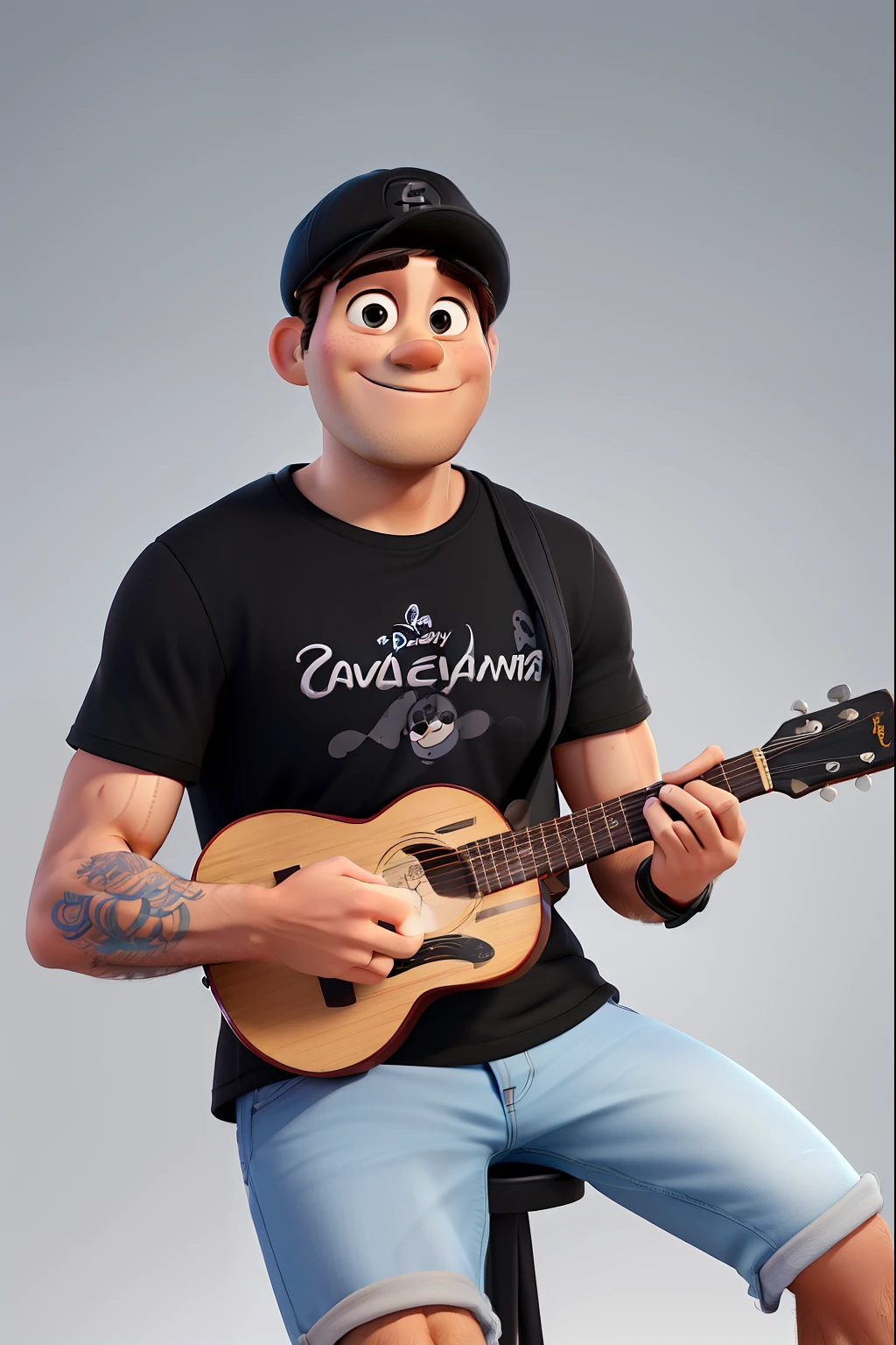 A man with all the characteristics and textures of disney pixar, adult, with a black cap, playing the cavaquinho, high quality, best quality, black t-shirt, written on the t-shirt calvin klein jeans