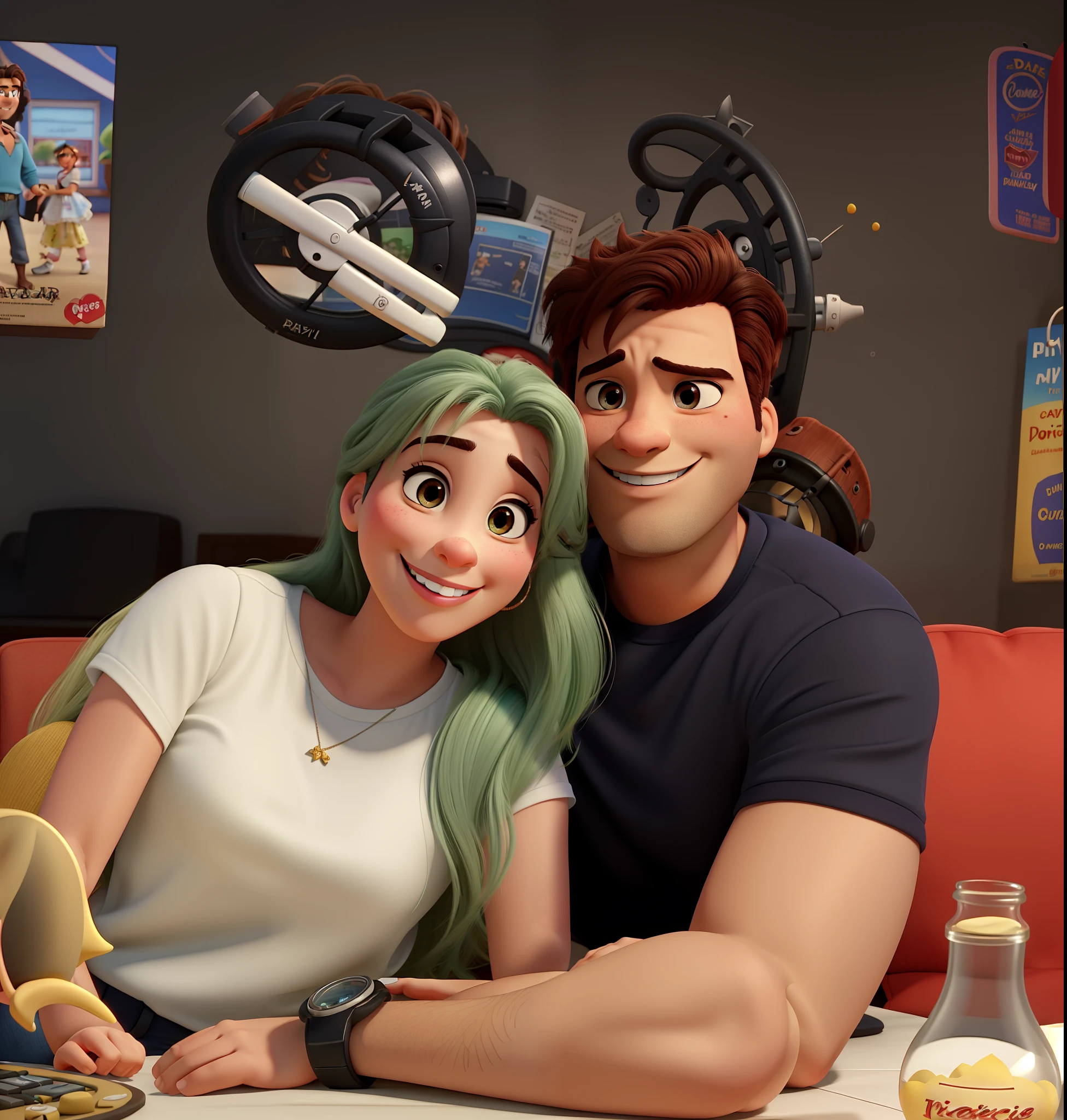 romantic couple, igual aos filmes Disney Pixar, mulher loira, alta qualidade, casal sorridente