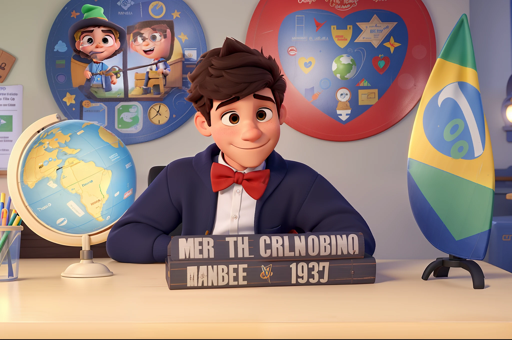 Um menino moreno na sala de aulas estilo disney pixar, alta qualidade, melhor qualidade