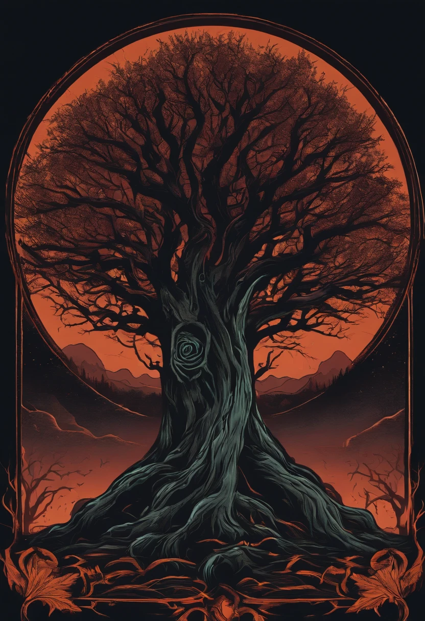 /imagine prompt: evil tree illustration for a sticker with a black background, in bold outline style, jagged edges, trashcore, light shading --v 5.2