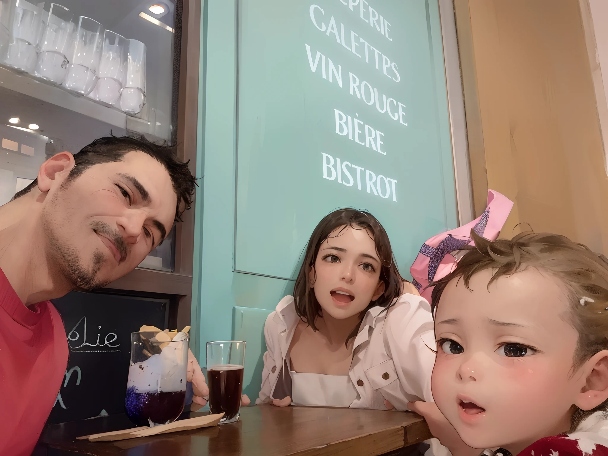There is a man and a woman sitting at the table with a child, Inside a French café, reportage photo, Family photo, sitting at a café, inspirado em Maurice Utrillo, Museu d'Orsay 8 K, imagem de perfil, Pendurado no Louvre, por Romain brook, em Paris, Directed by: Glòria Muñoz, standing in a restaurant