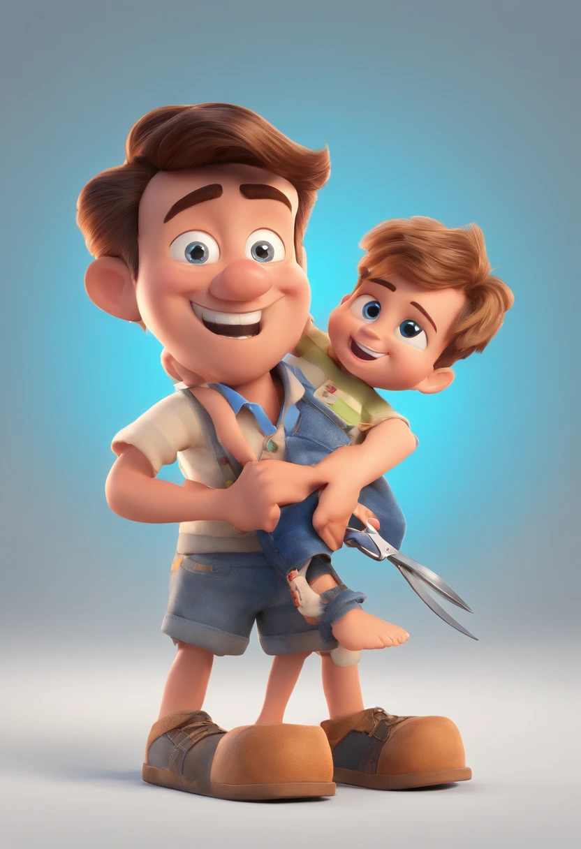 Estilo Pixar: The grown man is holding a naked blue-eyed boy and in his other hand he is holding a pair of scissors and is trying to cut off the boy's testicles,3D Poster,Disney