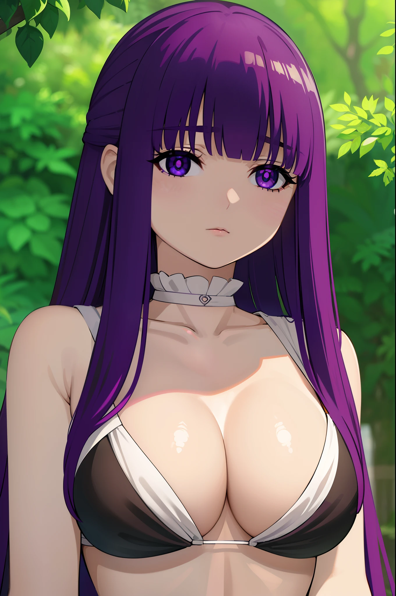 fern, fern, long hair, bangs, (purple eyes:1.1), purple hair, bikini, black bikini, outdoor, looking at viewer, upper body, (masterpiece:1.2), best quality, high resolution, unity 8k wallpaper, (illustration:0.8), (beautiful detailed eyes:1.6), extremely detailed face, perfect lighting, extremely detailed CG, (perfect anatomy)