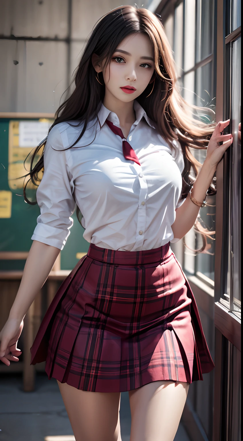 Photorealistic, high resolution, 1womanl, Mature female, Solo, Hips up, jewelry, Wavy hair, Long hair, school uniform, shirt, Skirt