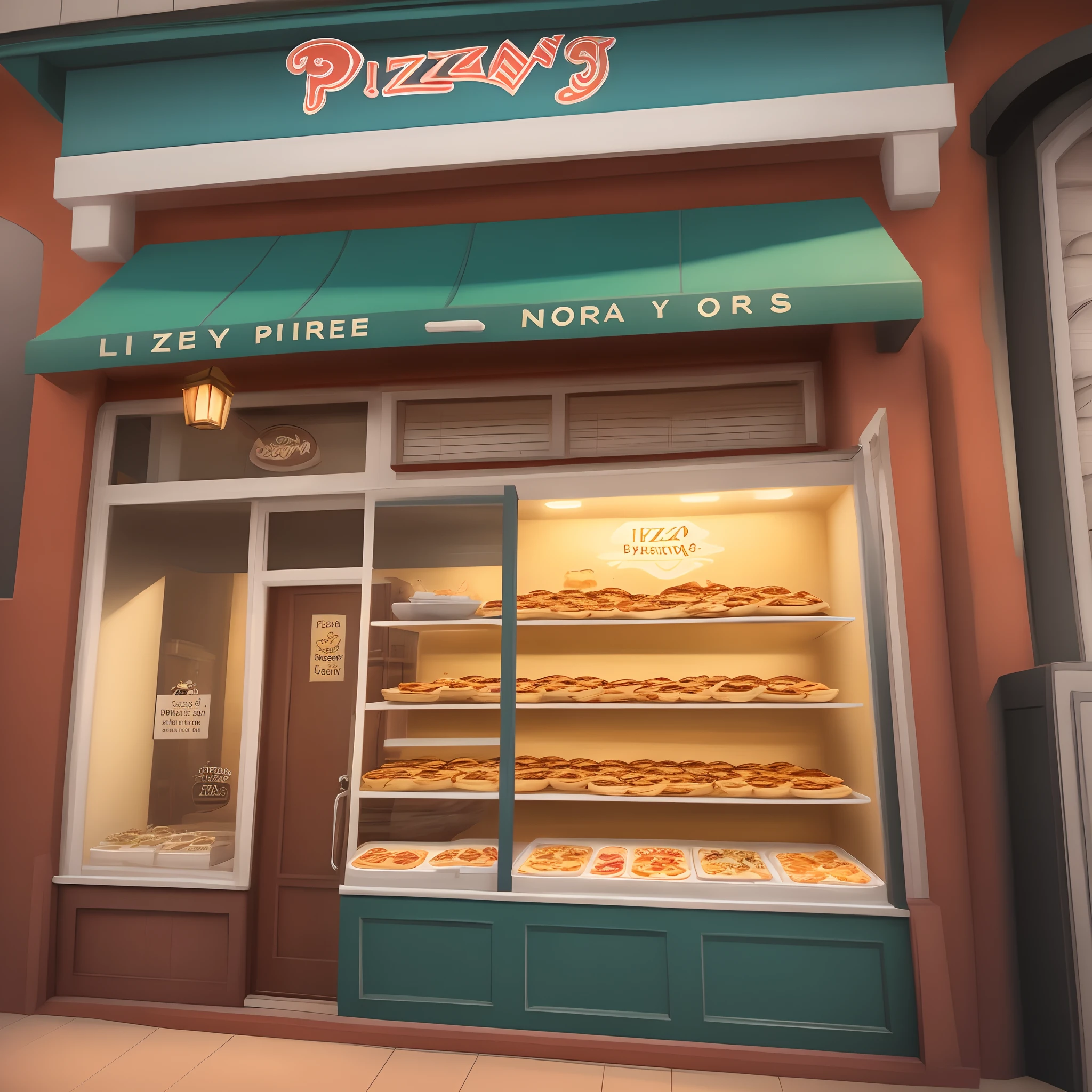 Crie uma imagem estilo disney, com a fachada de uma pizzaria com o nome burguesa