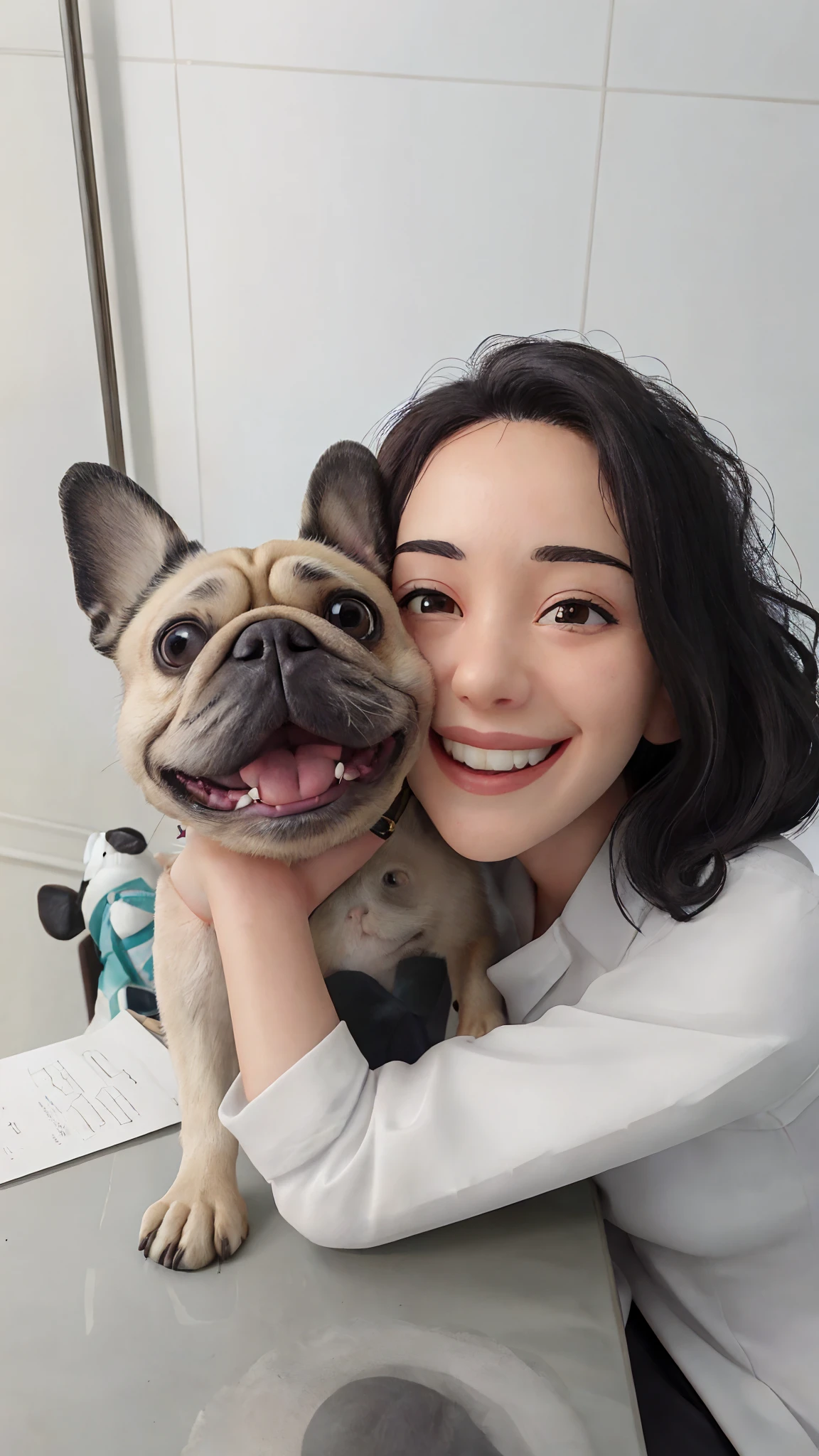 Woman sitting at a table with a dog in a veterinary office, selfie of a dog, Directed by: Emma Andijewska, happily smiling at the camera, Ayanamikodon e Irakli Nadar, Directed by: Nandor Soldier, making the best smug smile, segurando um pug para uma foto, 1614572159