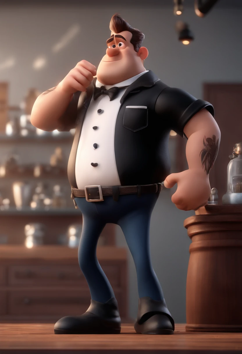 Cartoon character of a barber man with a black shirt tattooage s animation character, Caractere estilizado, animation style rendering, 3D estilizado, 3 d render stylized, toon render keyshot, Personagem 3D, Personagem 3D, 3d rendering stylized, 3 d character render, personagem de desenho animado, Personagem de close up, Pose de personagem, (Estilo Pixar) (master part:1.2) (Bokeh) (best quality) (pele detalhada) (textura detalhada) (8k) (argila) (Cinematic lighting) (foco nítido