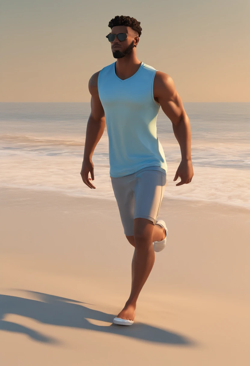 Desenhe um jovem negro sem cabelos, corredor correndo em uma praia com pessoas praticando esportes no fundo. He's running around in a pair of light blue sneakers, short preto e camisa branca, Surrounded by several admirers. The dramatic illumination of the sun reflecting off the sea, casting deep shadows on the costume. O jovem parece confiante e determinado, Looking forward with admiration and respect, sem barba, cabelo raspado, tiro de cowboy,