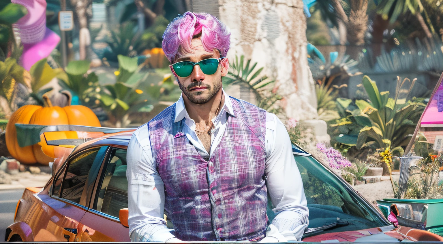 There's a man in a pink wig and neon pink glasses with blue next to a pink car, como personagem de gta, camisa branca com colete xadrez por cima , corte de cabelo tingido, 8k, highes definition, detalhado, ultra realista, hd, gta rp, gta v, fundo de halloween, homem oriental sem barba, homem branco com sardas