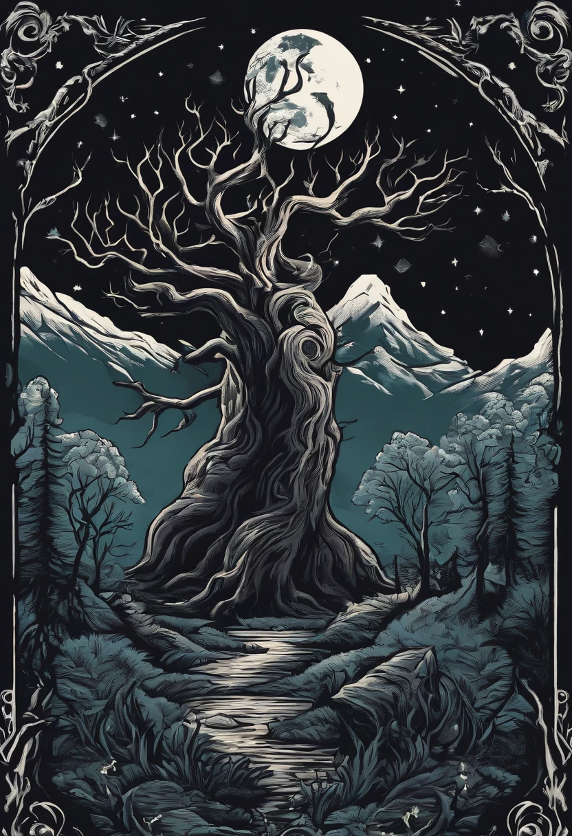 /imagine prompt: wizard and evil tree illustration for a sticker with a black background, in bold outline style, jagged edges, trashcore, light shading --v 5.2