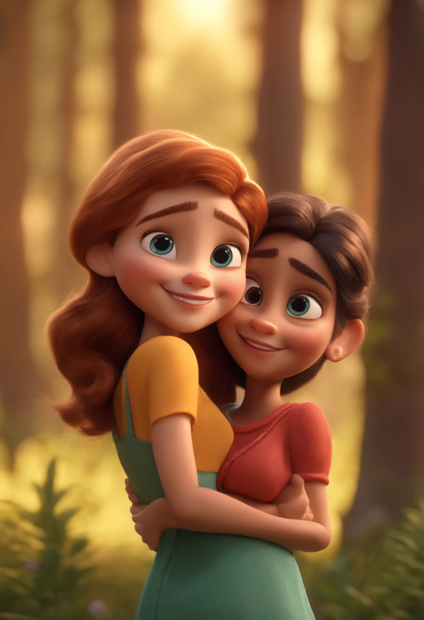 Three sisters hugging each other, uma mais velha, uma mais nova e a do meio, They Smiling Animation Character, Caractere estilizado, animation style rendering, 3D estilizado, Arnold Maya render, 3 d render stylized, toon render keyshot, Personagem 3D, Personagem 3D, 3d rendering stylized, 3 d character render, personagem de desenho animado, Personagem de close up, Pose de personagem, (Estilo Pixar) (master part:1.2) (Bokeh) (melhor qualidade) (pele detalhada) (textura detalhada) (8k) (argila) (Cinematic lighting) (foco nítido