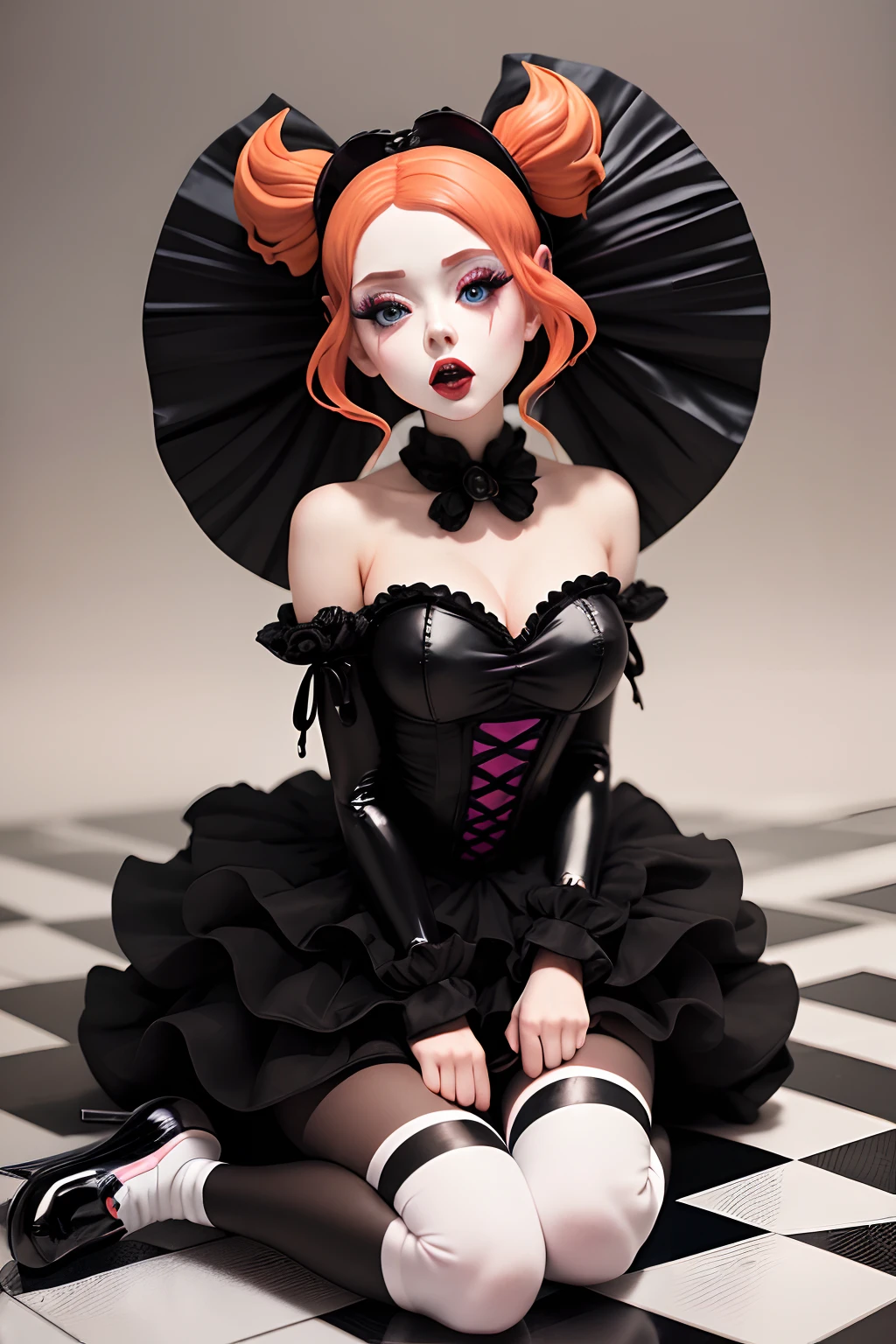 arafed woman ((Amouranth)) in a black and white outfit sitting on a floor, a portrait inspired by Ray Caesar, tumblr, pop surrealism, goth clown girl, intricate clown makeup, intricate clown costume, clown girl, creepy clown girl, natalie shau, jester themed, jester, adrian borda, cutecore clowncore, portrait of circus artist, avant garde fashion model pop up parade figure, seductive anime girl, anime figure, (anime figurine), seductive. highly detailed, aoshima chiho, ( highly detailed figure ), pvc figurine (schocked face), (open mouth)