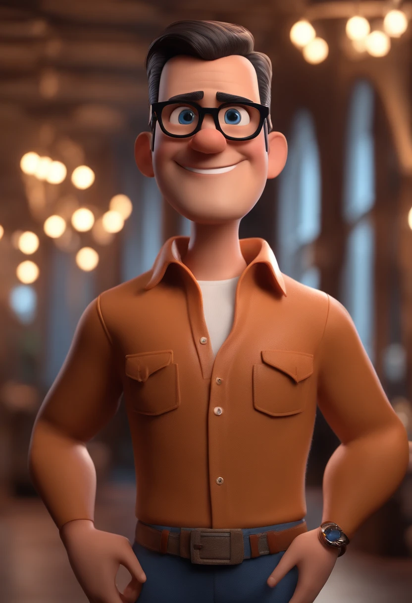 Cartoon character of a man with black glasses and a blue shirt, animation character, Caractere estilizado, animation style rendering, 3D estilizado, Arnold Maya render, 3 d render stylized, toon render keyshot, Personagem 3D, Personagem 3D, 3d rendering stylized, 3 d character render, personagem de desenho animado, Personagem de close up, Pose de personagem, (Estilo Pixar) (master part:1.2) (Bokeh) (best quality) (pele detalhada) (textura detalhada) (8k) (argila) (Cinematic lighting) (foco nítido