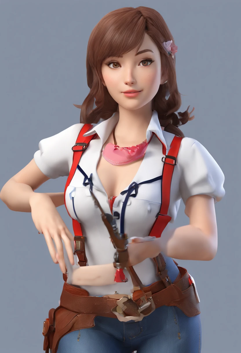 best quality, Ame-chan, master part, 1girl, sozinho, seios pequenos, cowboy shot, suspenders, camisas vermelhas, fita preta