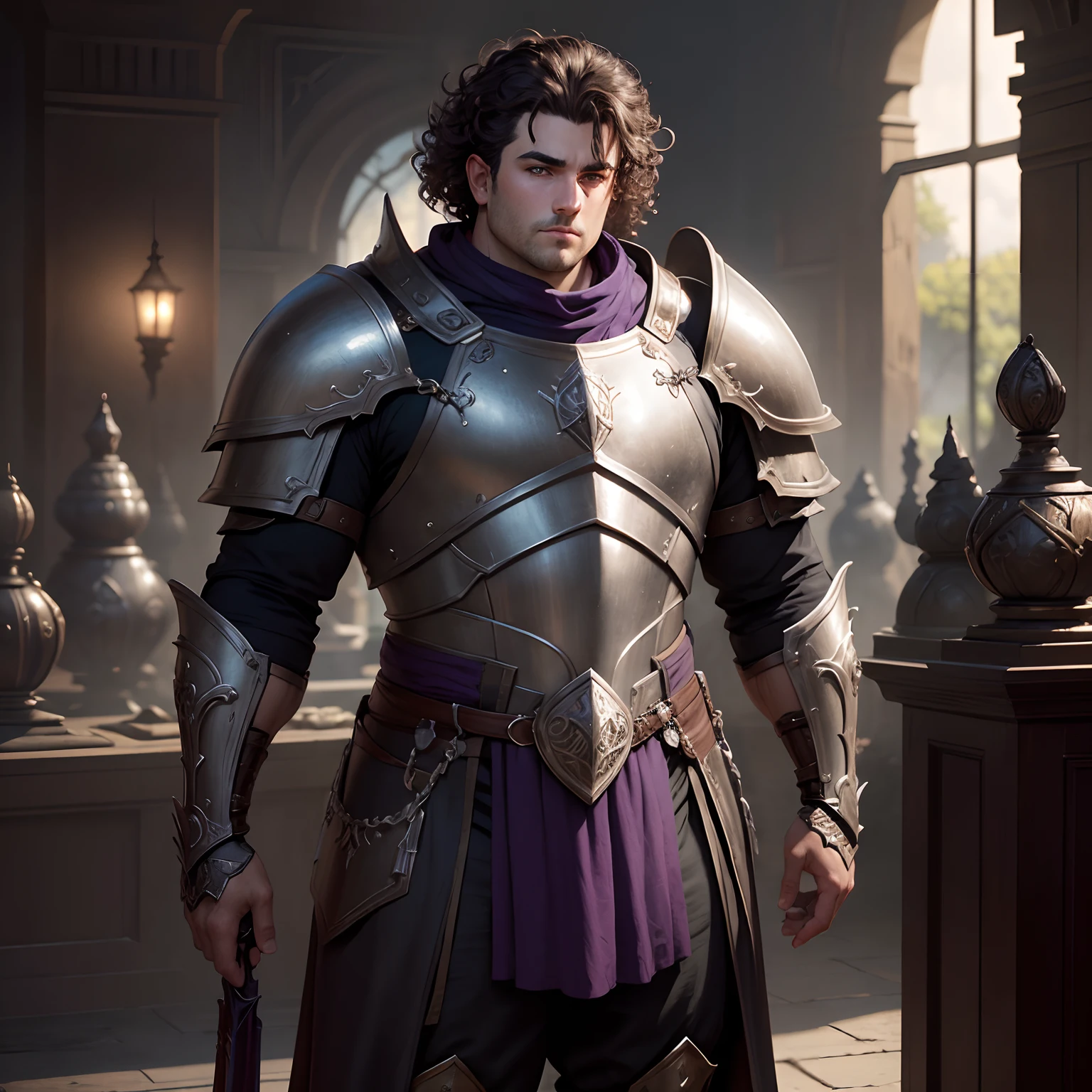 ((masterpiece)), (8k, high_resolution), (best quality), (curly hair), fat man, (clean-shaven), shaved, open eyes, dark eyes, standing pose, short haircut, full body, detailed hands, beautiful eyes, detailed eyes, dark hair, fantasy man, (man), male, ultra-detailed, looking at camera, fat face, detailed background, purple lighting, fantasy art, (fantasy game character), front view, official artwork, (wearing silver armor), cinematic lighting, details, detailed armor, mmo, mmorpg, lineage 2, (looks at camera), medieval clothes, short hair