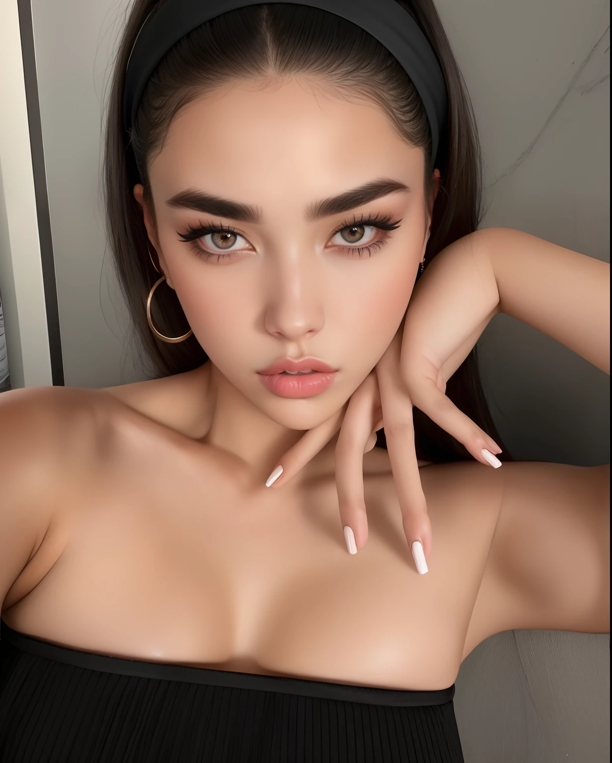 there is a woman with a black top and a black headband, portrait sophie mudd, jaw dropping beauty, jaw-dropping beauty, dua lipa, bella poarch, gorgeous latina face, soft devil queen madison beer, sexy face with full makeup, thick bushy straight eyebrows, madison beer, cool looking, big bold thick eyebrows, thick eyebrows