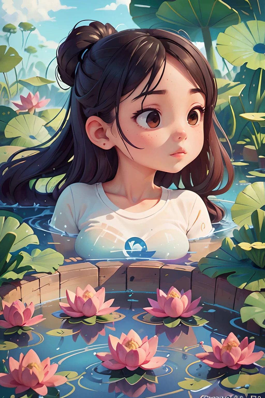 (Best Quality, Masterpiece), Vast Landscape Photo, (From below, the sky above and the lotus pond below), (A Girl, Solo: 1.2), Black Ponytail, White T-shirt, (Perfect Face, Detailed Skin, Realistic: 1.2), Character Ratio 0.6, Summer Country, (Swimming Circle: 1.4), Cool Clothes, Sweat on the Face, Delicate Beauty, Colorful, Blues Style, Cool Colors, Ultra Low Viewing Angle, Wide Angle Lens