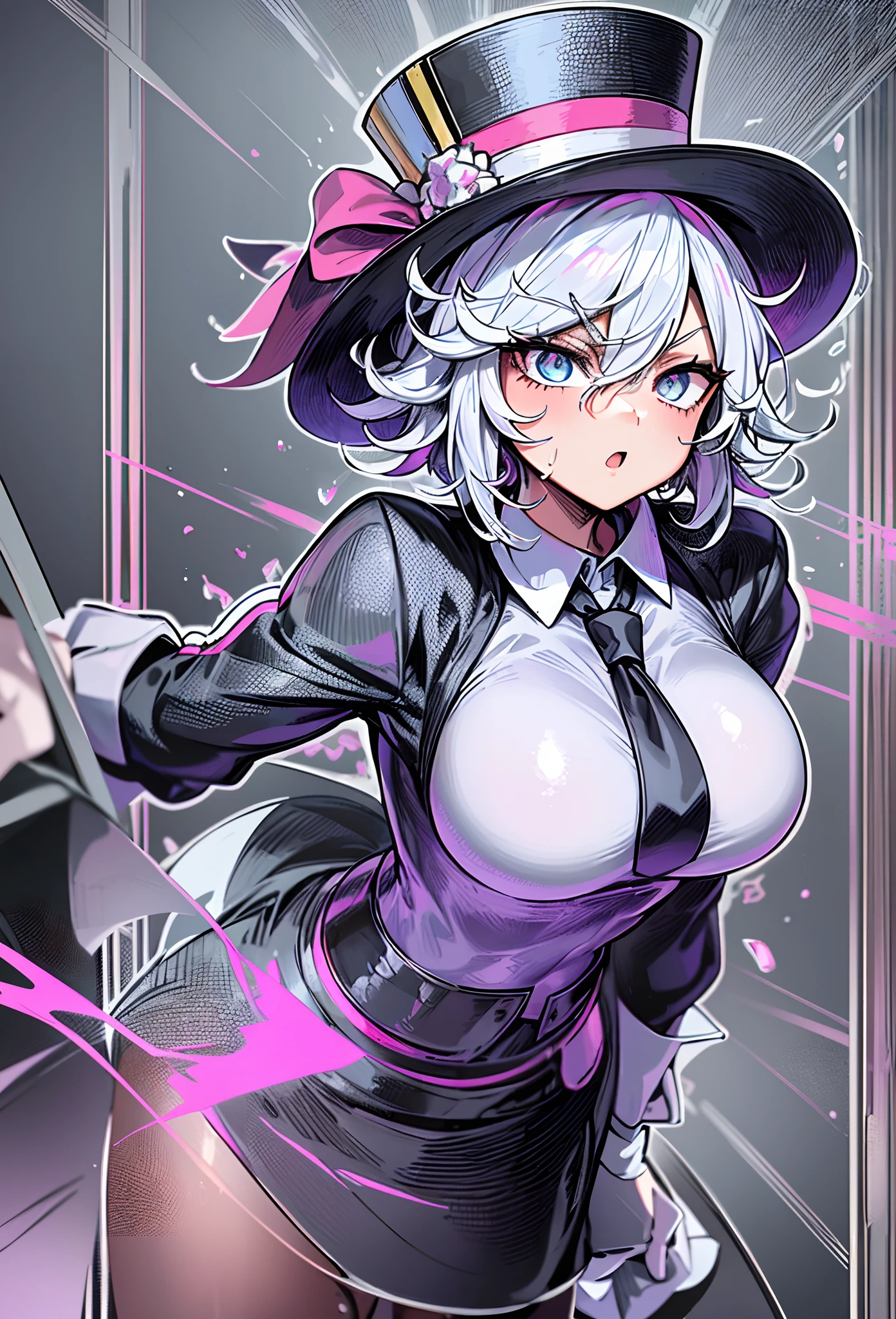 (beste-Qualit, 8K, 12), 1 girl, messy short hair hair and gentleman's top hat, White Hair, animal ear, amimal tail, mega big boobs, child, black jacket, white shirt, collared shirt, necktie, white gloves, white skirt, the perfect body, ultra detail face, detailed lips, Colorful Eyes, Slender Eyes, FullBody, stands, enticing, Excited, sweat, steam, From Bottom