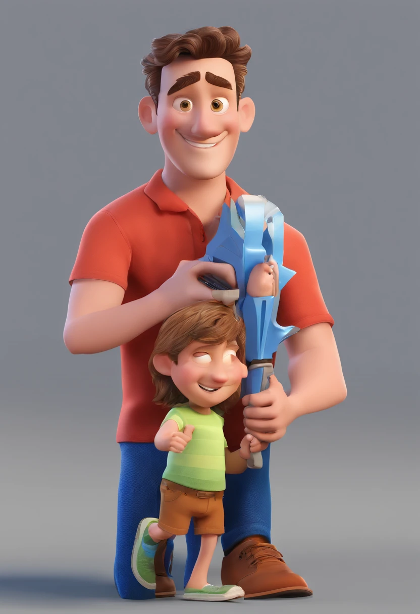 Estilo Pixar: The grown man is holding a naked blue-eyed boy and in his other hand he is holding a pair of scissors and is trying to cut off the boy's testicles,3D Poster,Disney