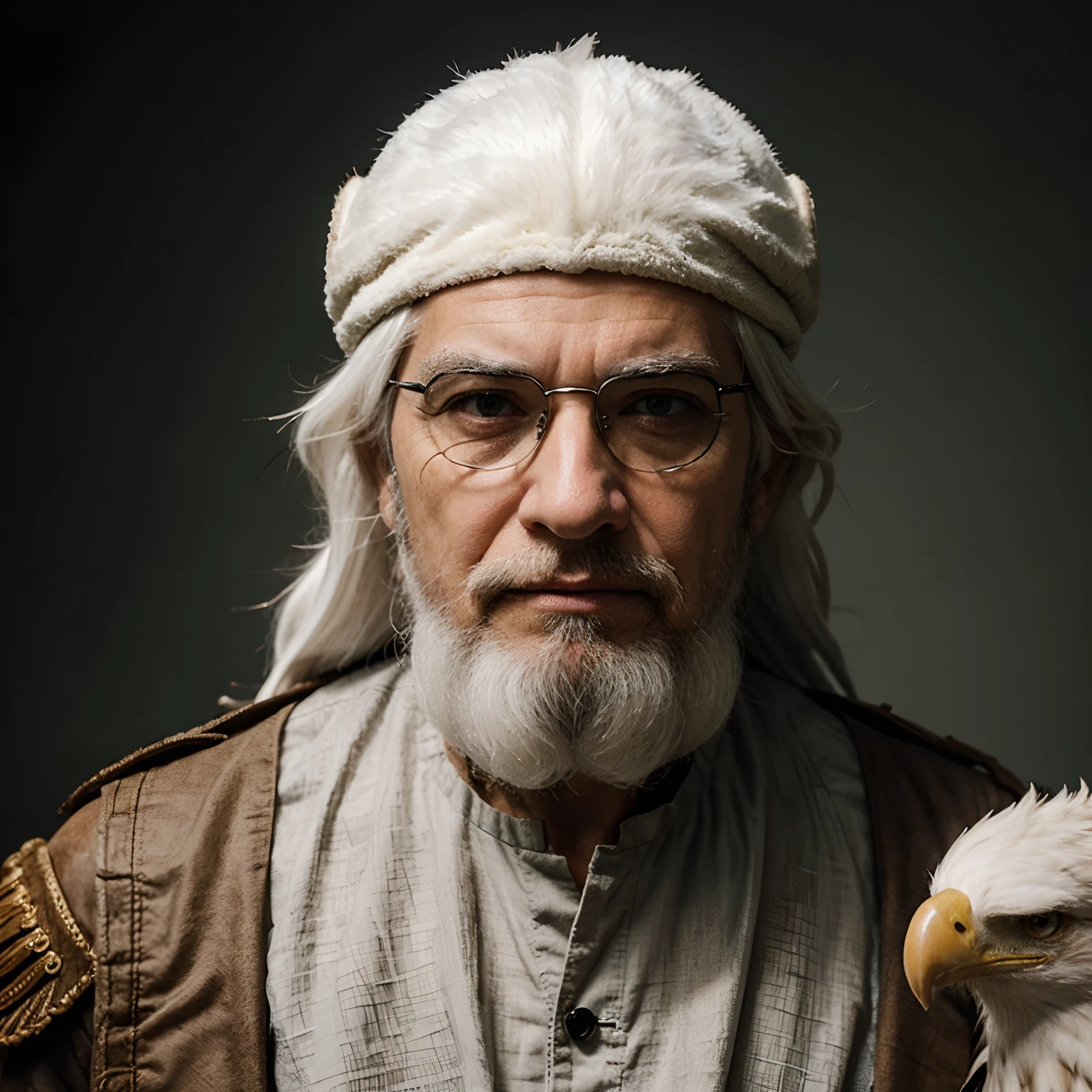 Create a wise and blind old man with white hair and beard, and an eagle on his shoulders.