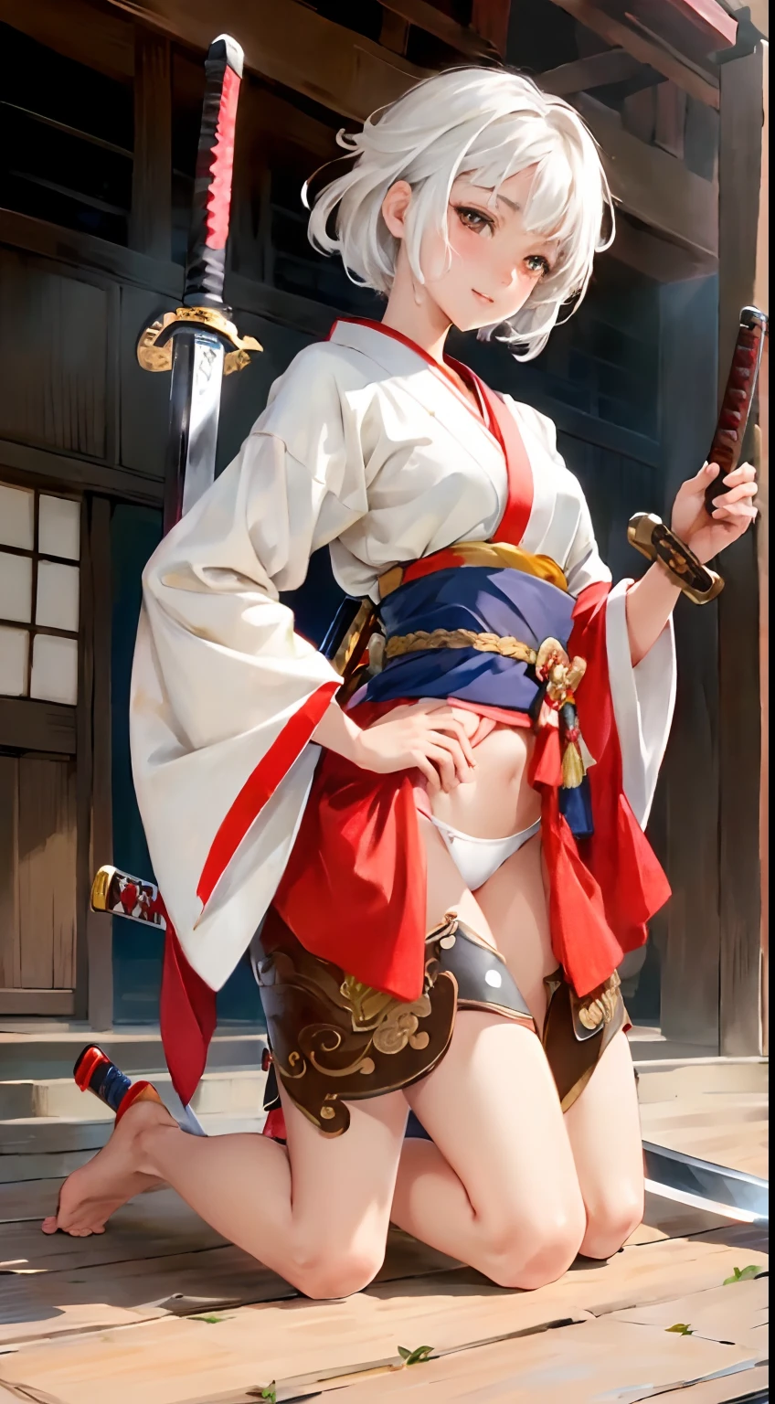{{{masterpiece}}}, {{{best quality}}}, {{ultra-detailed}}, {illustration}, {{an extremely delicate and beautiful}},(Edo townscape),1girl,smile, cute girl, solo, japanese clothes,short hair, (white hair:1.5),weapon,( sword:1.2), brown eyes, looking at viewer, kimono,(Clothes come off:1.5), brown hair, lips, hand on hip,( sheath:1.2),( katana:1.3), full body, closed mouth, sheathed, hand up,(upskart:1.5),(white panties:1.2),(Kneeling:1.3)